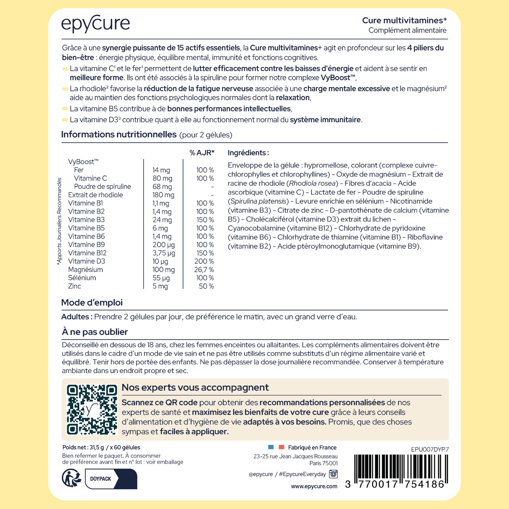 EPYCURE - Cure Multivitamines + - Combat Fatigue Physique & Mentale, Réduit Stress, Détend - 87% Naturel - Rhodiole, Magnésium, Vitamines B3, B6, D3, Fer - Vegan - Fabriqué en France (Coffret de 3)