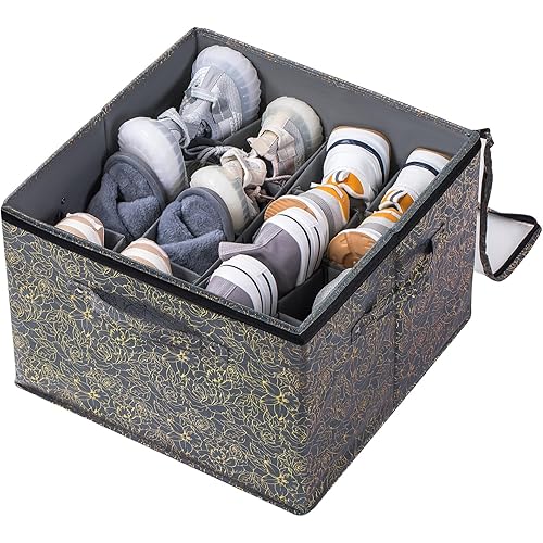 Shoe Storage Organizer for Closet with Clear Cover&Adjustable Dividers,16 Pairs Shoe Box Fabric Shoe Storage Bins for Wardrobe/RV/Entryway/Clothes/Toys,Floral Gold Gray