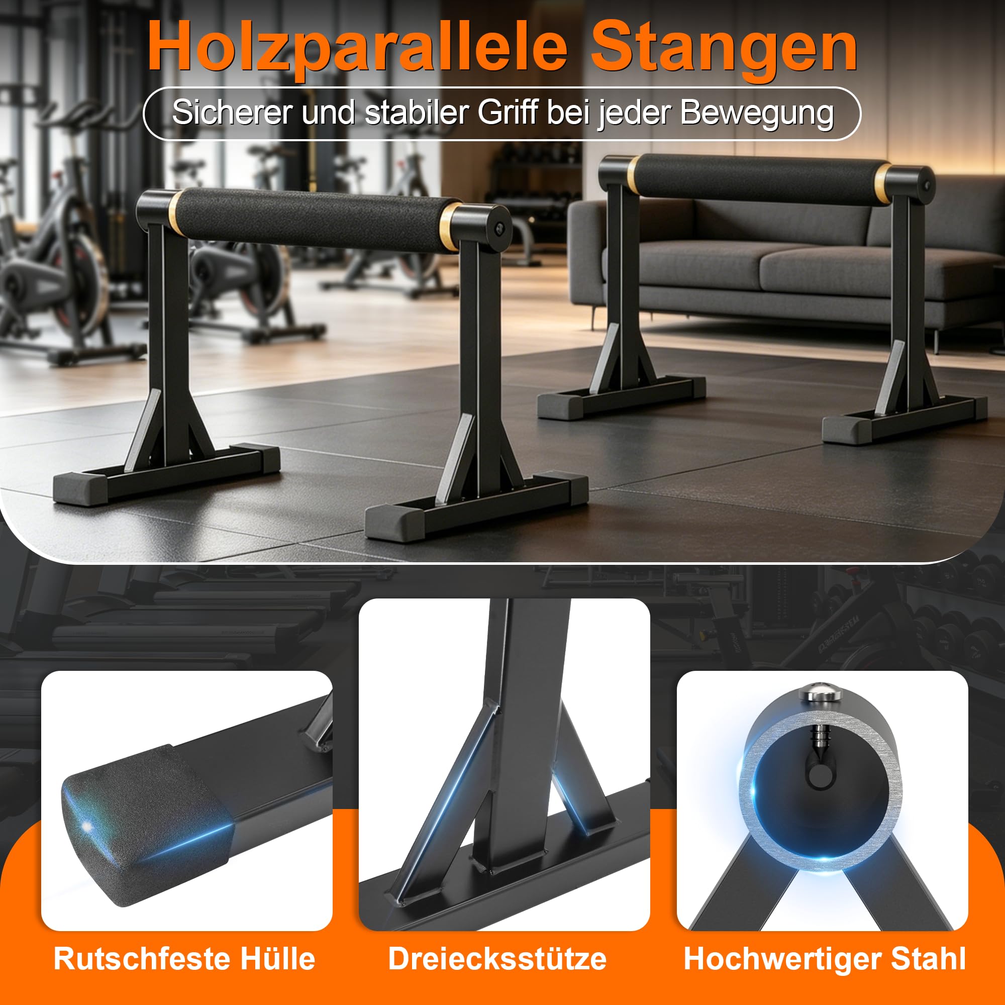 Holz-Parallettes Liegestützstangen, Massivholz-Parallelstäbe mit rutschfestem Griff, robustes Metallgestell trägt bis 270 kg, stabile Dip-Stangen für Handstand, L-Sit, Gymnastik & Heimtraining