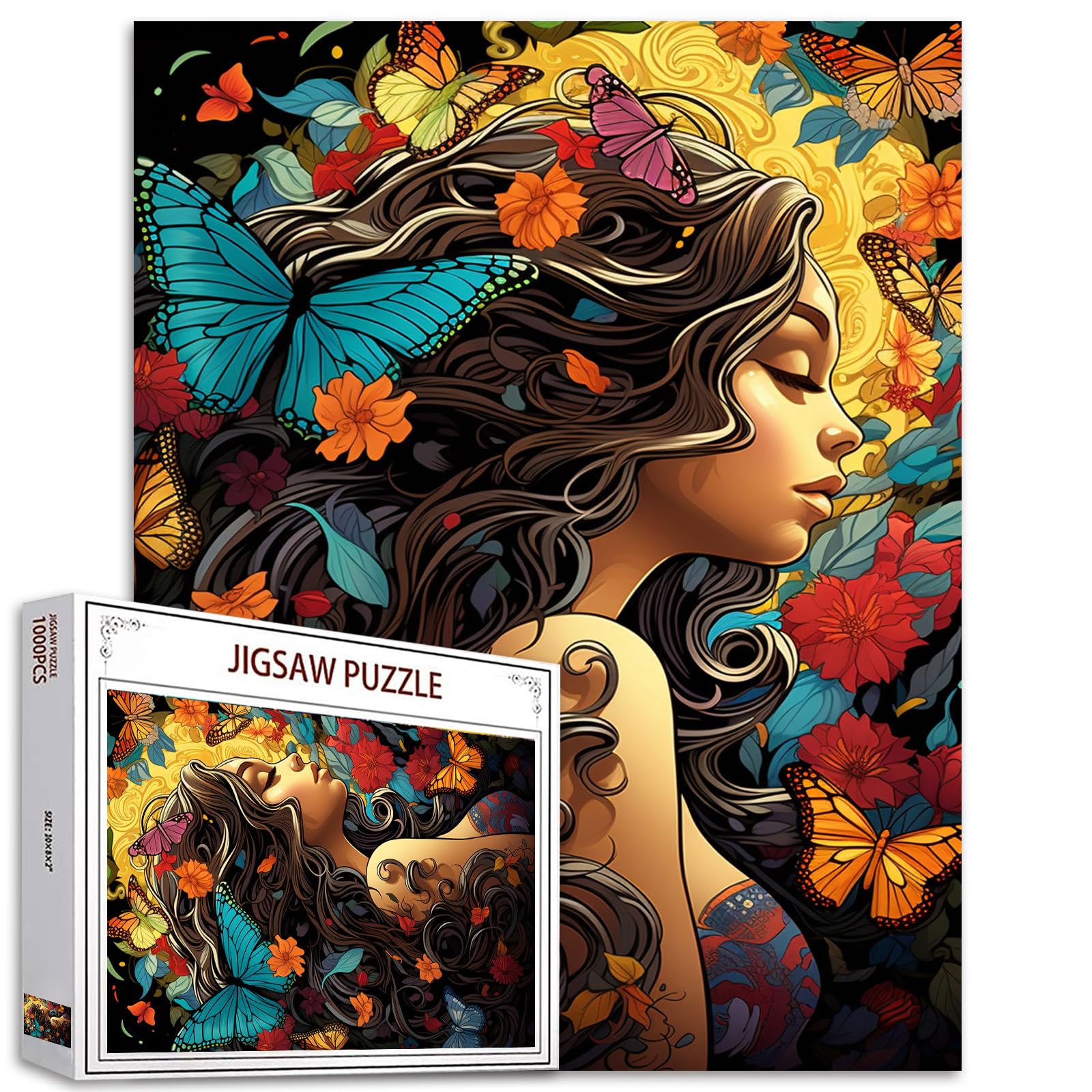 Africa Black Woman Jigsaw Puzzles 1000 Pieces for Adults, Families (Sexy Girl,Flowers,Butterfly,Hydrangea) Pieces Fit Together Perfectly 19.7''x27.6''inch Curly Hair Female Frameable Magic Puzzle Art