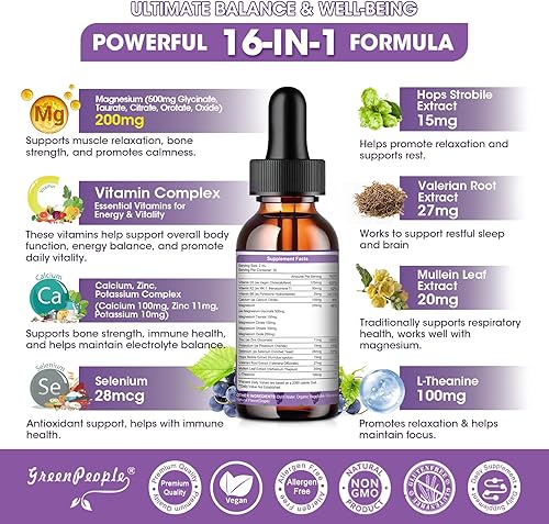 Miniatura 3 de GREENPEOPLE Gotas líquidas de glicinato de magnesio, 1000 mg 5 en 1 de magnesio líquido de alta absorción para dormir con D3K2B6  Acción rápida,