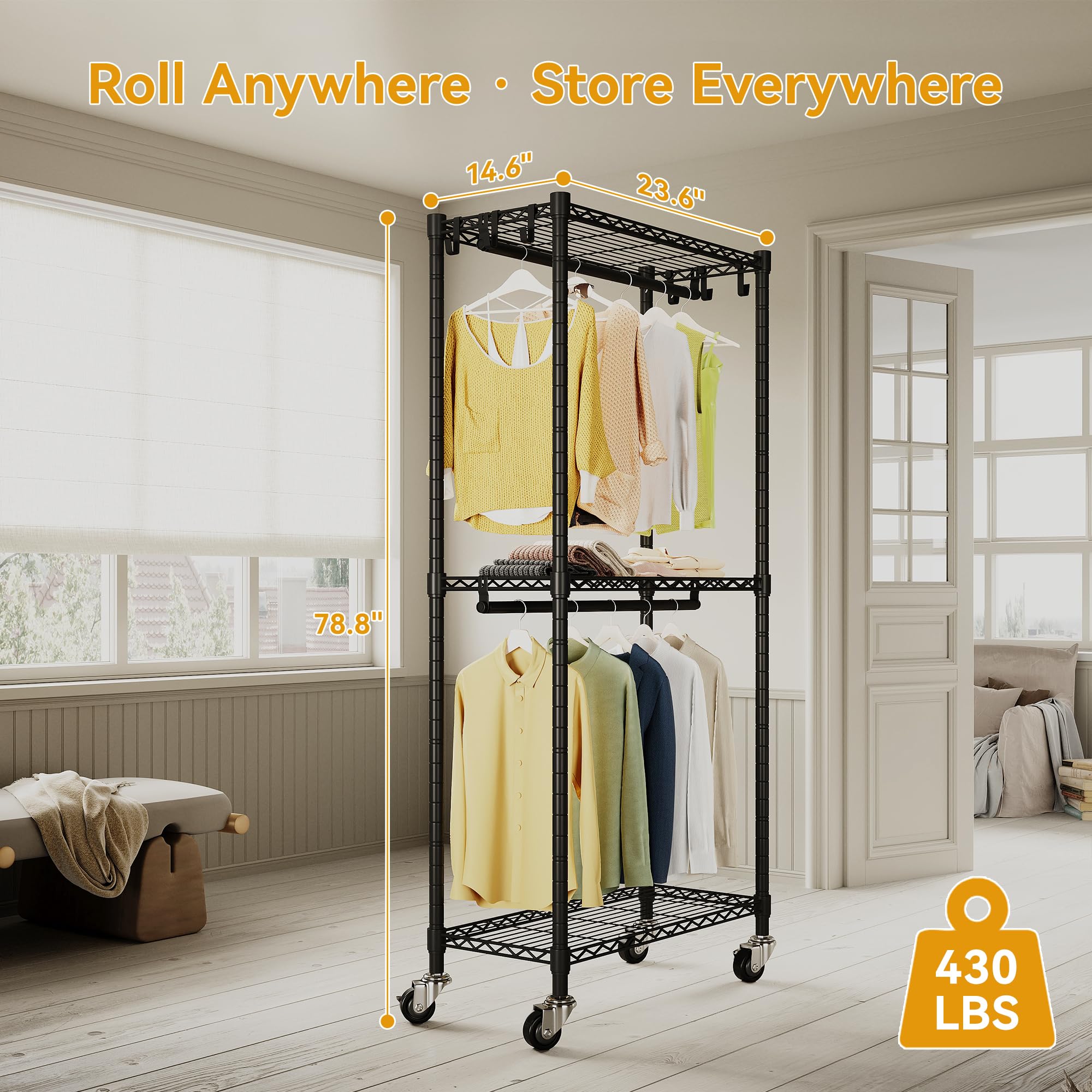 Robuster Kleiderständer Mit Rollen – 200 Cm Hoch, Verstellbare Regale & Doppelstange, 195 Kg Tragkraft, Schwarz