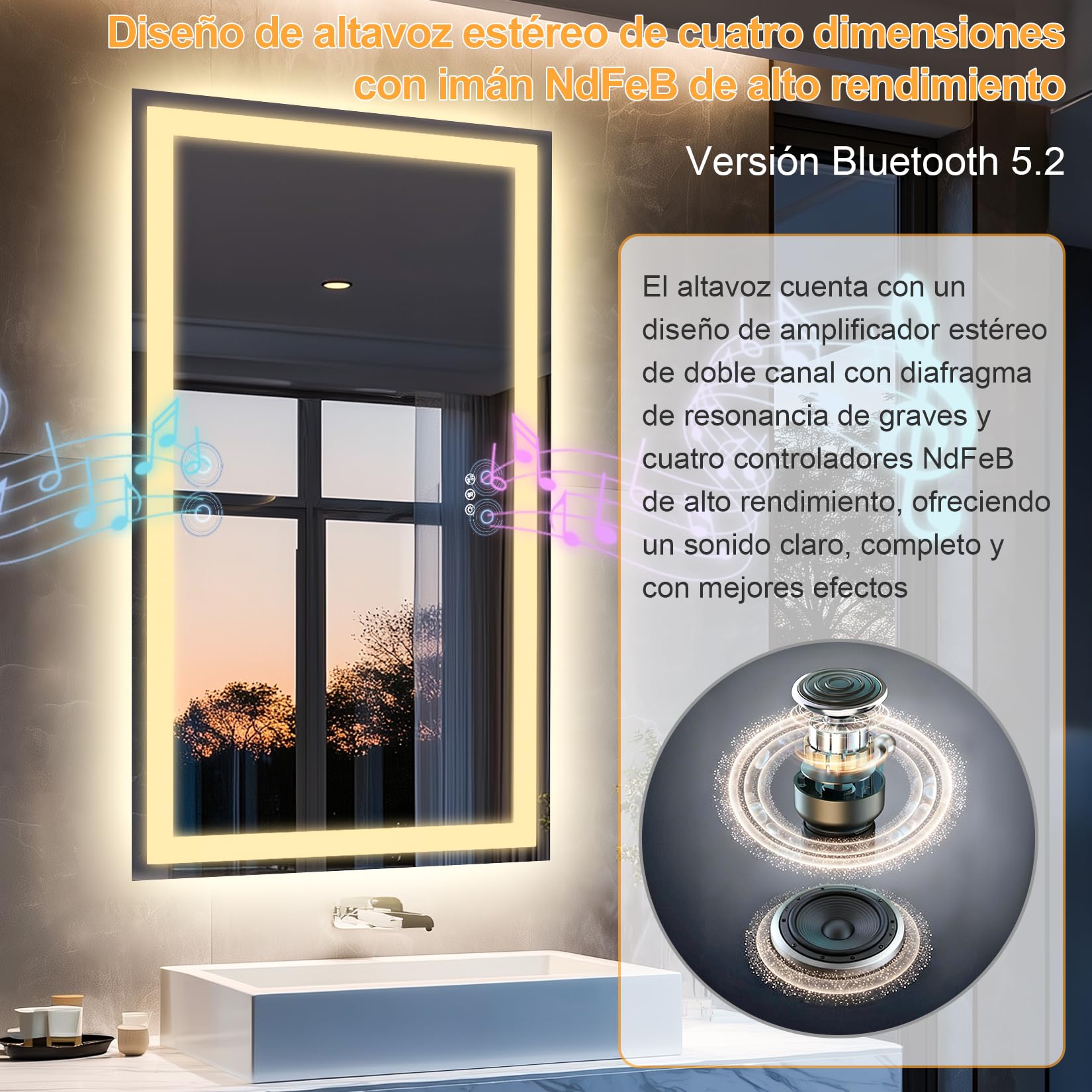 Espejo de baño LED con Luces, Altavoz Dual Bluetooth 100x70 cm, antivaho, 3 temperaturas de Color, Brillo Regulable, función de Memoria, Impermeable, diseño de Montaje en Pared, Vidrio Templado