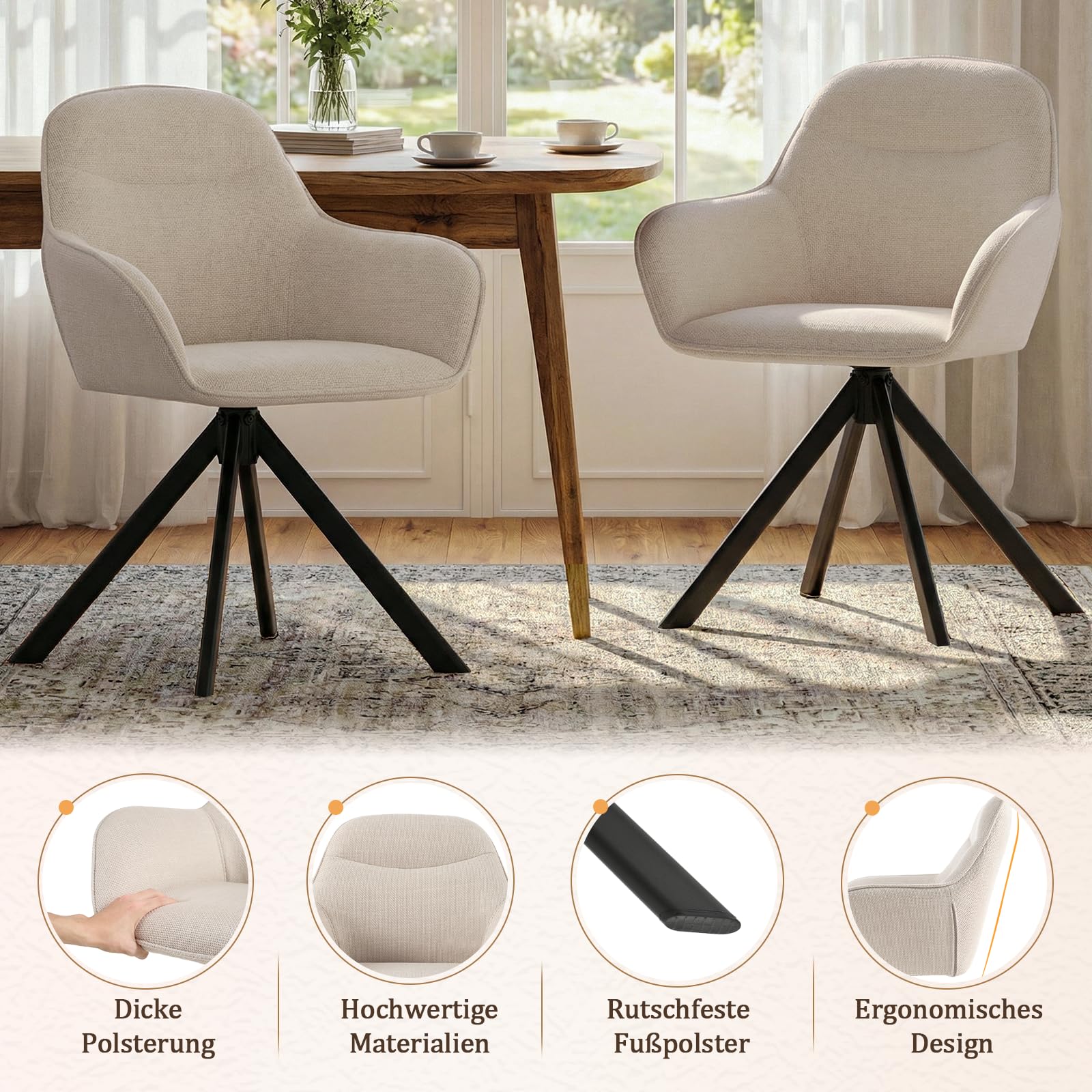 Lot de 6 Chaises Pivotante 360°, Chaises Beige Salle à Manger avec Accoudoirs, Chaises Fauteuil Rembourrées en Lin avec Pieds en Métal pour Cuisine Salon