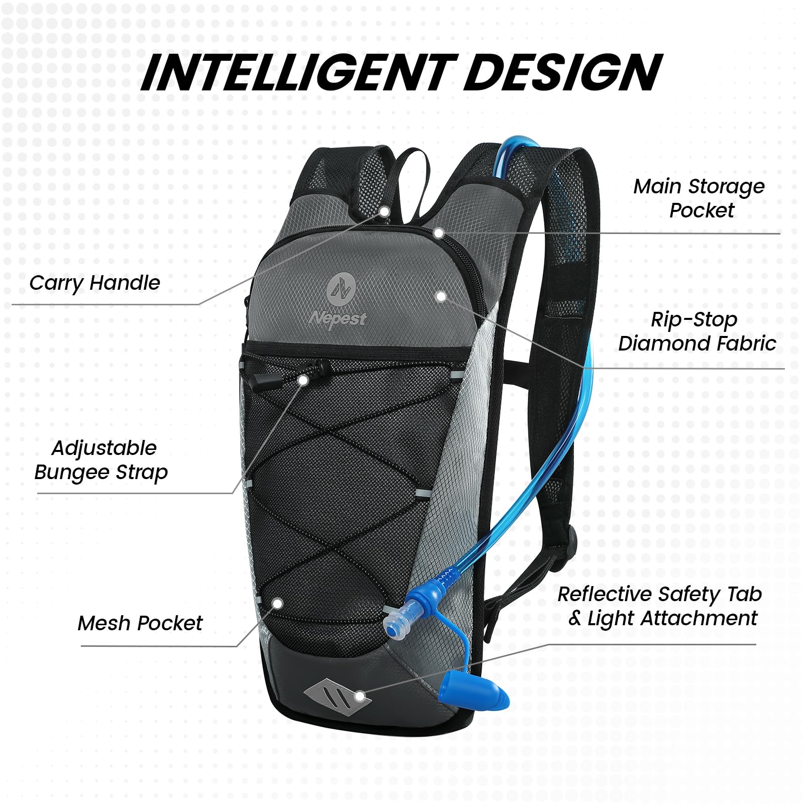 Nepest Hydration Backpack with 2L Water Bladder Water Back Pack, Grey, 5L - Image 2