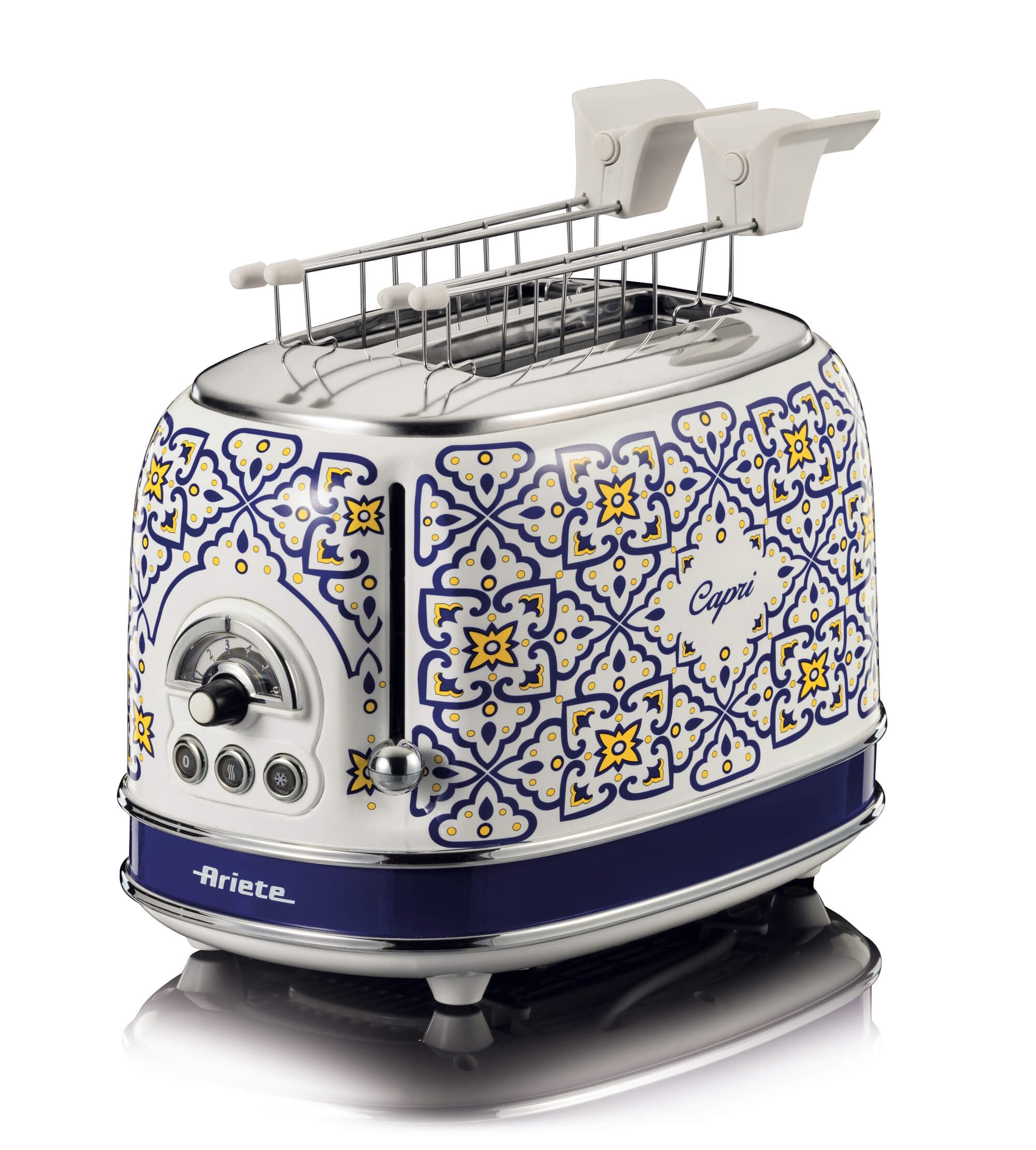Ariete 155 Tostapane Capri, 810W, 2 fette, 6 livelli di doratura, Vassoio raccogli briciole, Funzione defrost, Espulsione automatica, Con pinze, Bianco e Blu