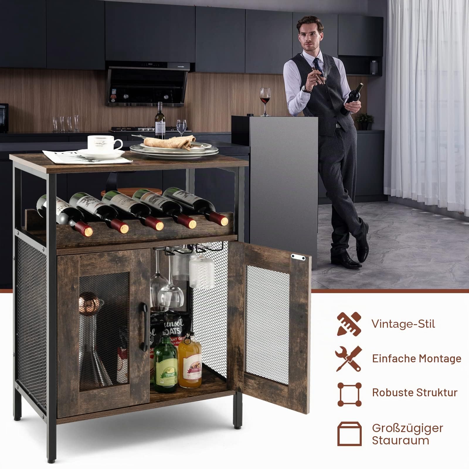 GIANTEX Weinschrank Barschrank Industrial, Weinbarschrank mit abnehmbarem Weinregal & 6 Glashalter, Küche Hausbar Küchenschrank mit Metallgittertüren, Sideboard Flaschenständer Weinständer 60x34x79cm