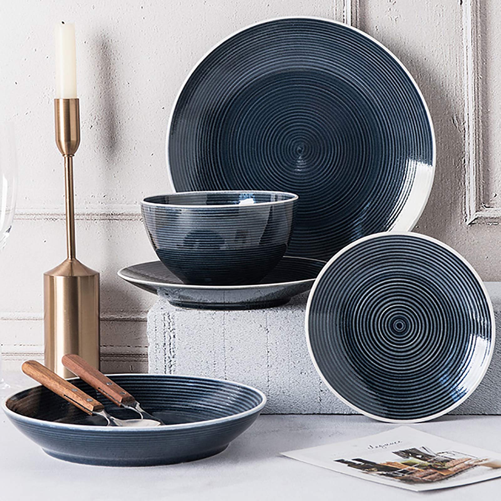 Service de Table, Service de Table en céramique, 18 pièces, Ensemble de Vaisselle en Porcelaine avec Fil en Relief, Bols à céréales Peints à la Main et Assiette(