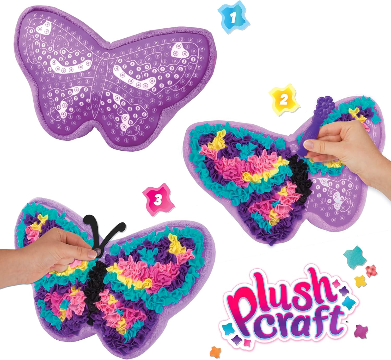 ORB PlushCraft DIY Unicorn, Butterfly, Cat Pillow Gift Set 3 Pack Craft Kit - Mess Free Punch Fabric By Number System, No Sewing Required - Includes 3 Fun Pillow Craft Projects for Boys and Girls