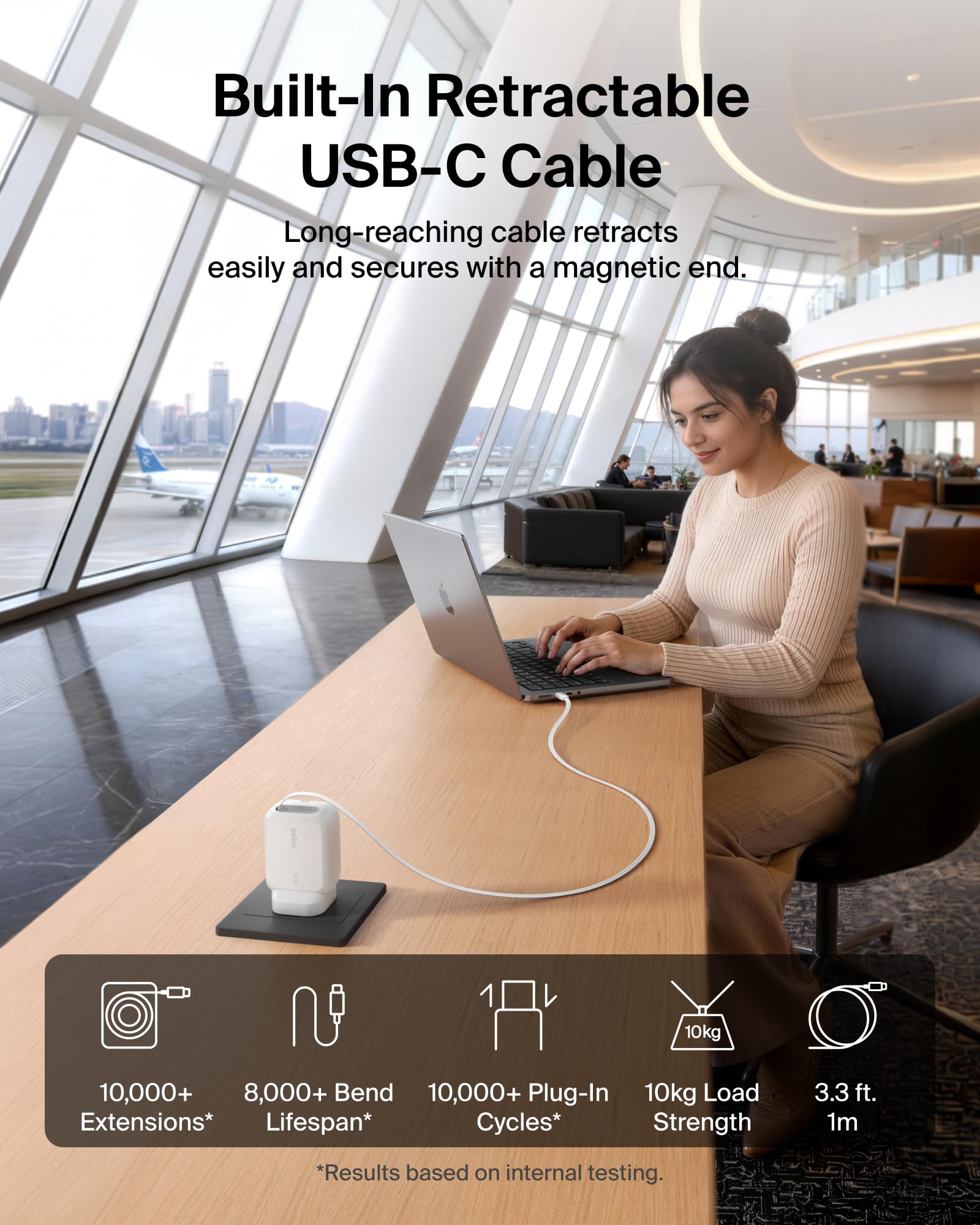 Belkin USB-C Charger Plug 67W with 3.3ft Retractable USB C Cable & USB C Port - GaN image 3
