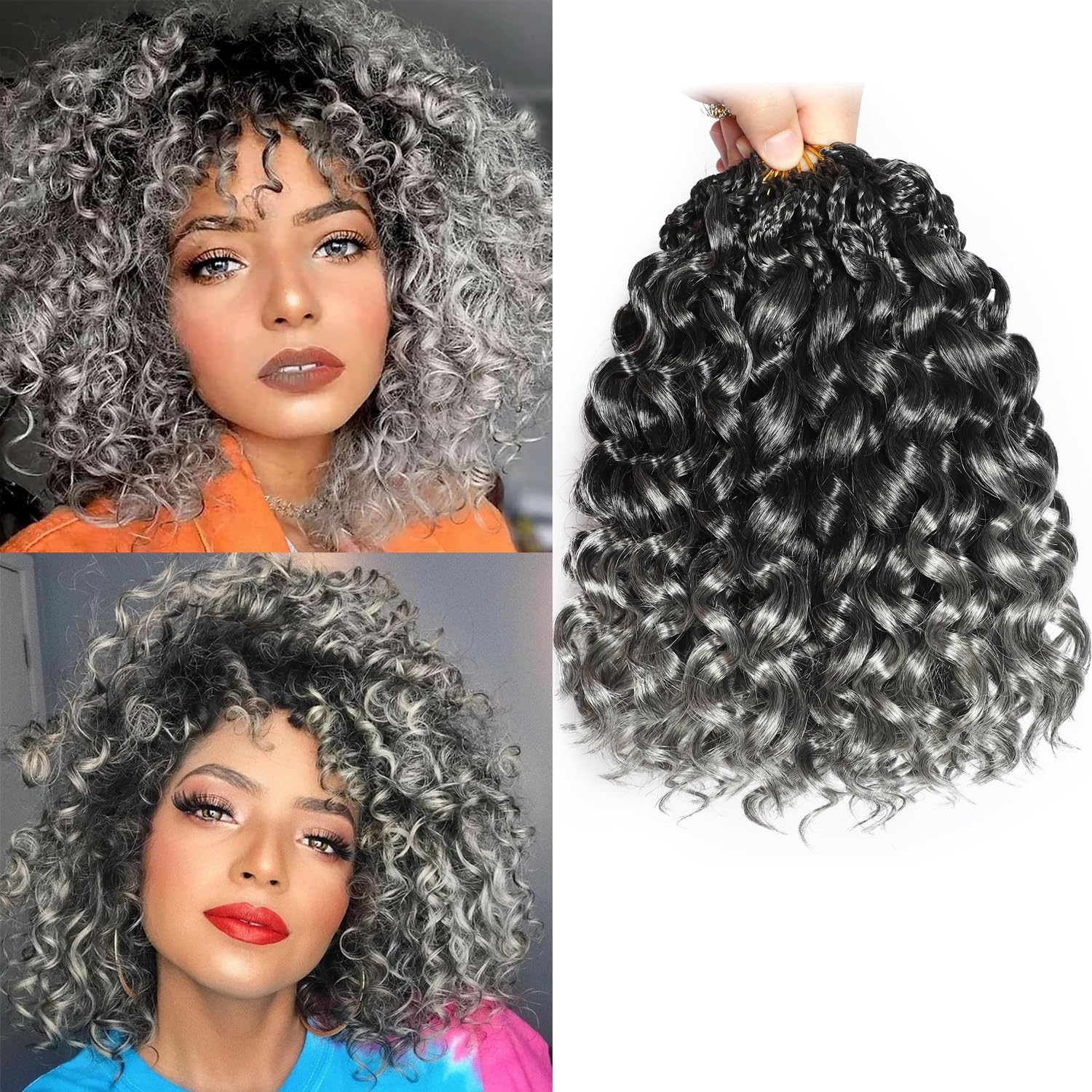BLUONASI Gogo Curl Crochet Hair 10 Inch 9 Packs Ocean Wave Curly Crochet Hair for Black Women Pre-Looped Deep Wave Water Curly Braiding Extensions (T/Grey#