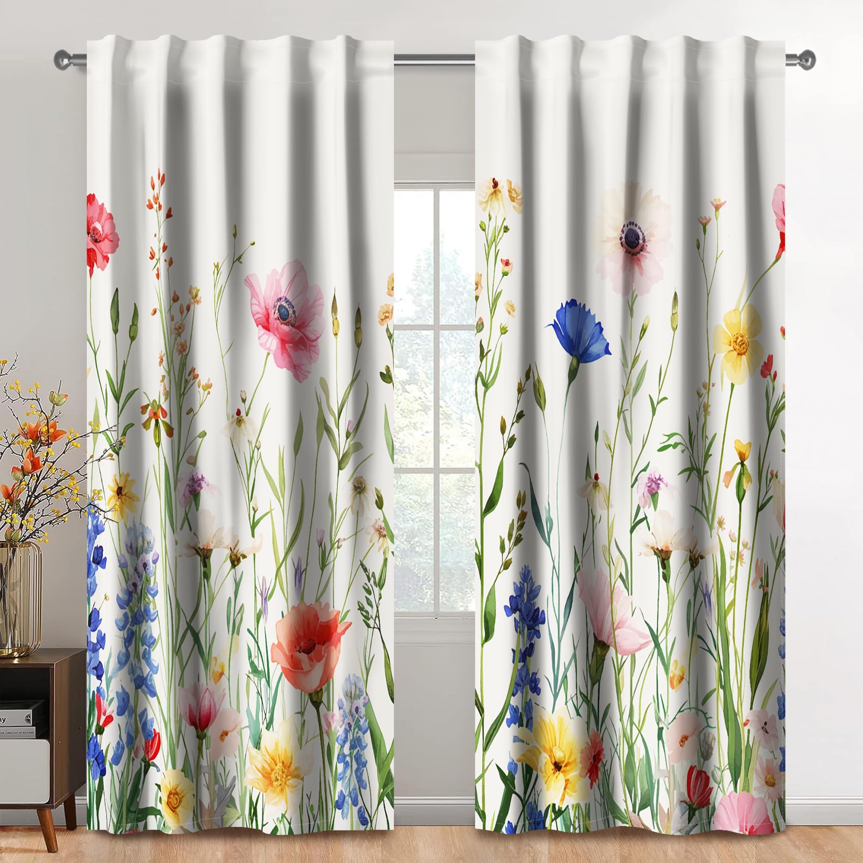 Kzzfqxb 2 Panels 132x214cm Rod Pocket Floral Curtains, Cream-Colored Botanical Herbs Yellow Blue Pink Wild Flowers Stems Weeds Window Drapes, Elegant Decor for Living Room Girls Bedroom Dining Room