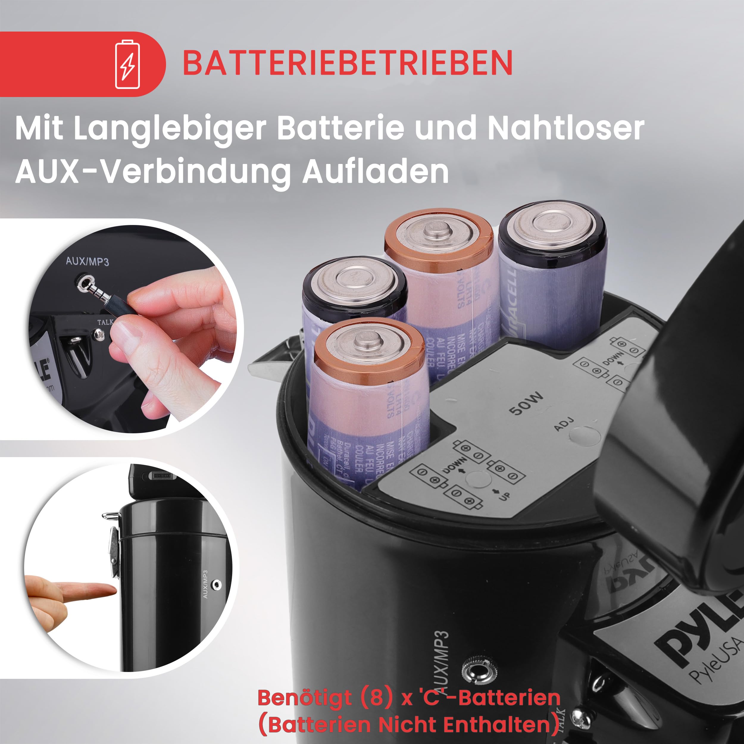 Pyle 50W Megafon mit Sirene & Mikrofon , Tragbar, Handmikrofon, 200m Reichweite Lautsprecher für Outdoor, Sport & Sicherheit Modellvarianten mit AUX/Recorder verfügbar