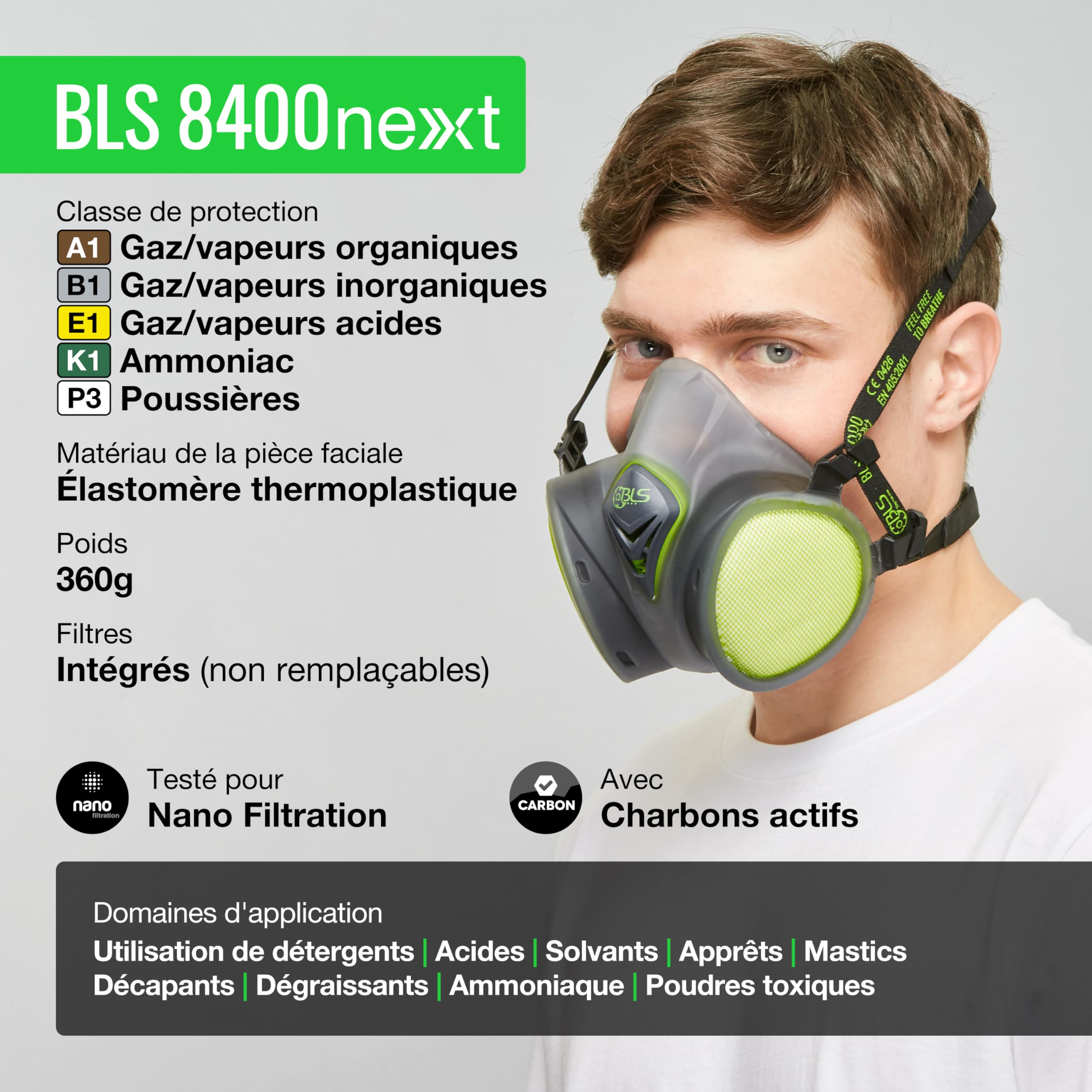 BLS 8400next ABEK1P3 R D Demi-masque de Protection en TPE avec Filtres A2P3 Intégrés, Prêt à l'Emploi et Sans Entretien. Pour Gaz/Vapeurs, Poussières Toxiques, Mauvaises Odeurs, Acides et Ammoniac