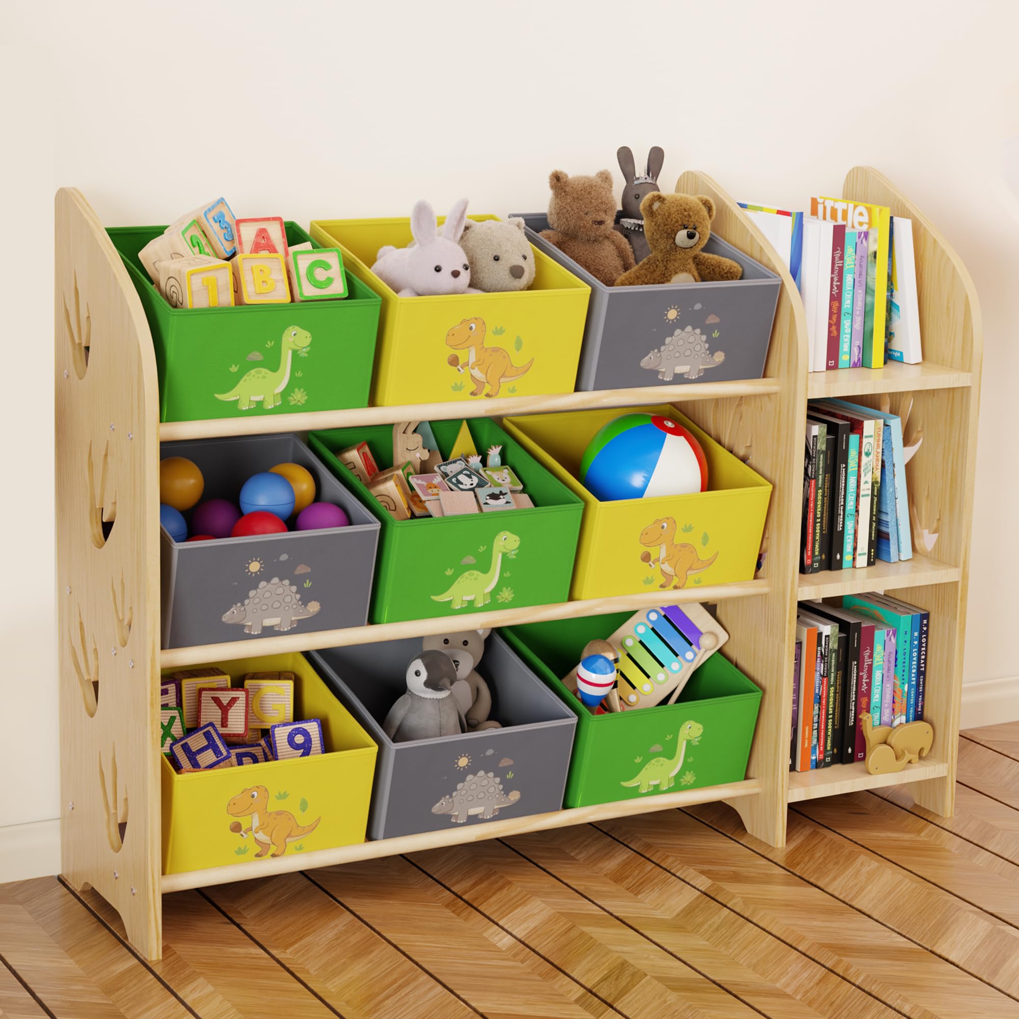 yoopin Toy Storage Organizer with 3 Shelves and 9 Bins, Green Dinosaur Bookshelfa nd Bookcase for Kids, Playroom Toy Bin Shelf for Bedroom & Room,