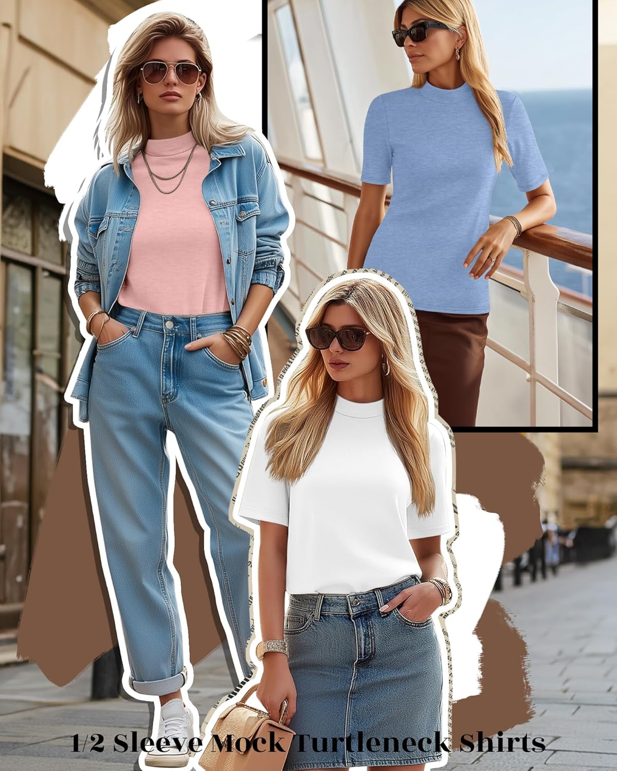 Ficerd 3 Pack Women's Mock Turtleneck T-Shirts 1/2 Half Sleeve Dressy Casual Tunic Tops Slim Fit Summer Basic Tee Shirts 2026 - Image 6