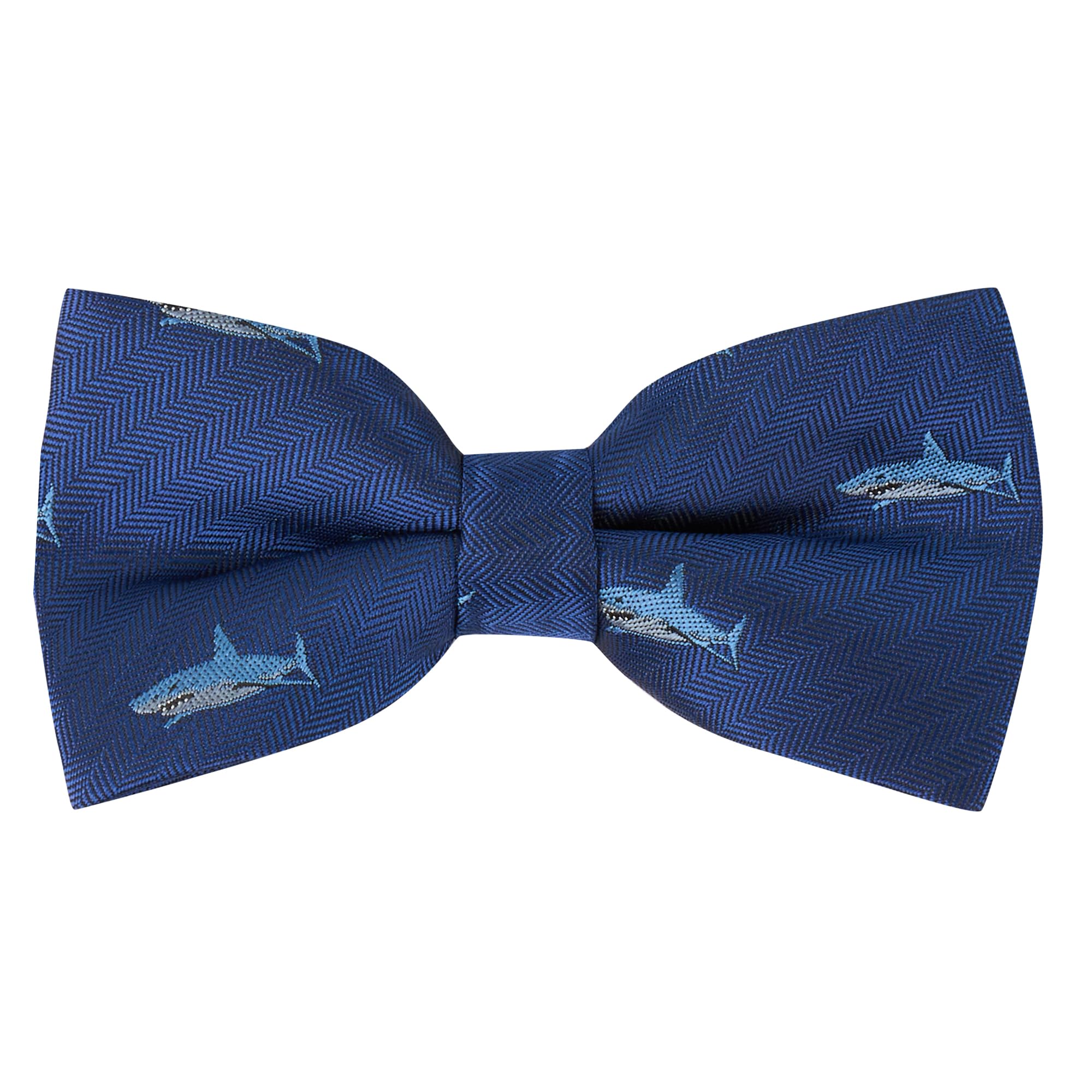 King & Priory Shark Navy Blue Herringbone Embroidered Bow Tie