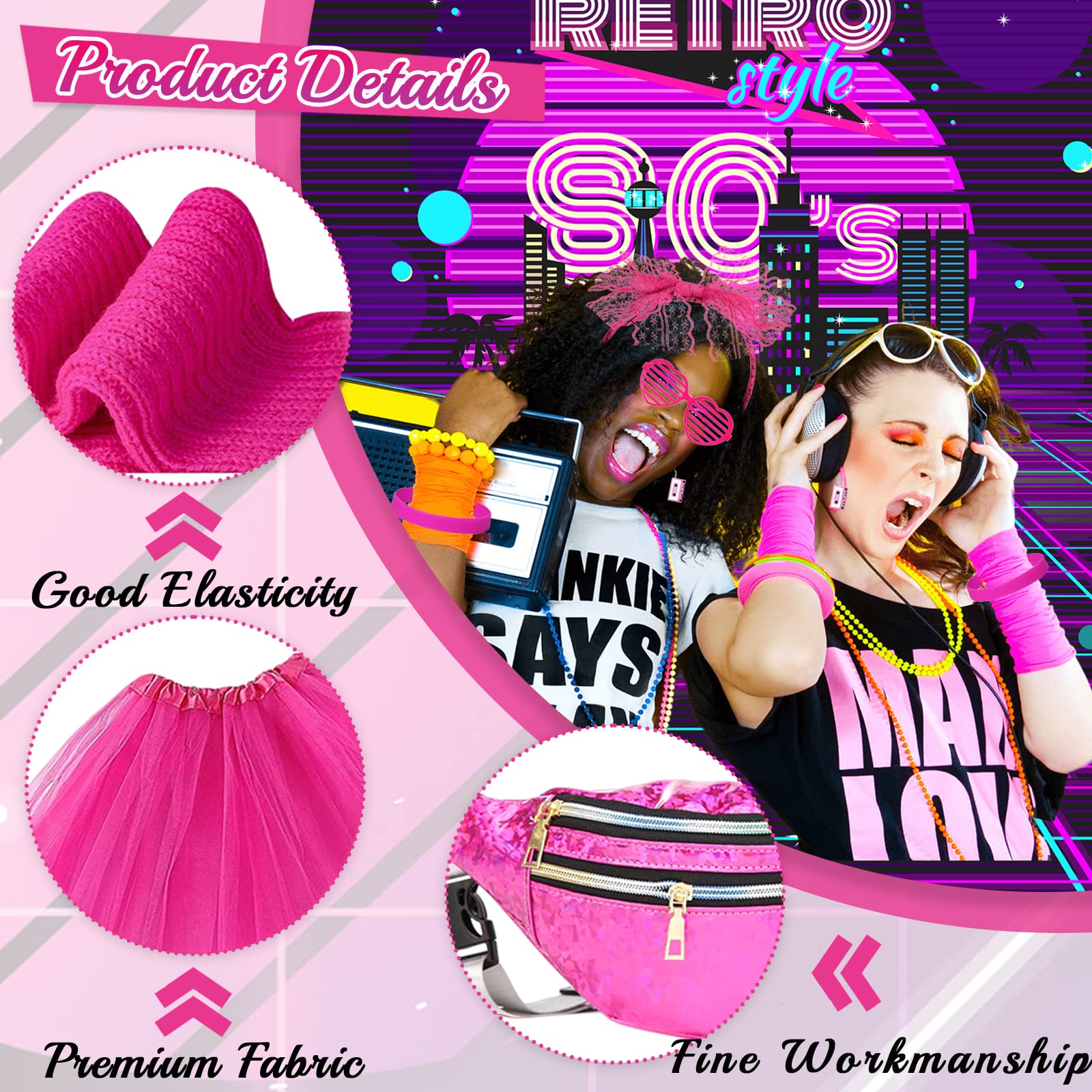 26PCS Deguisement Annee 80s Accessoire, Tenue de Soirée Disco Néon des Années 90s, T-shirt, Tutu, Bracelet, Sac Banane, Lunette, Bracelet, Colliers, Jambières, Tenu Année Thème Soirée Carnaval Femme