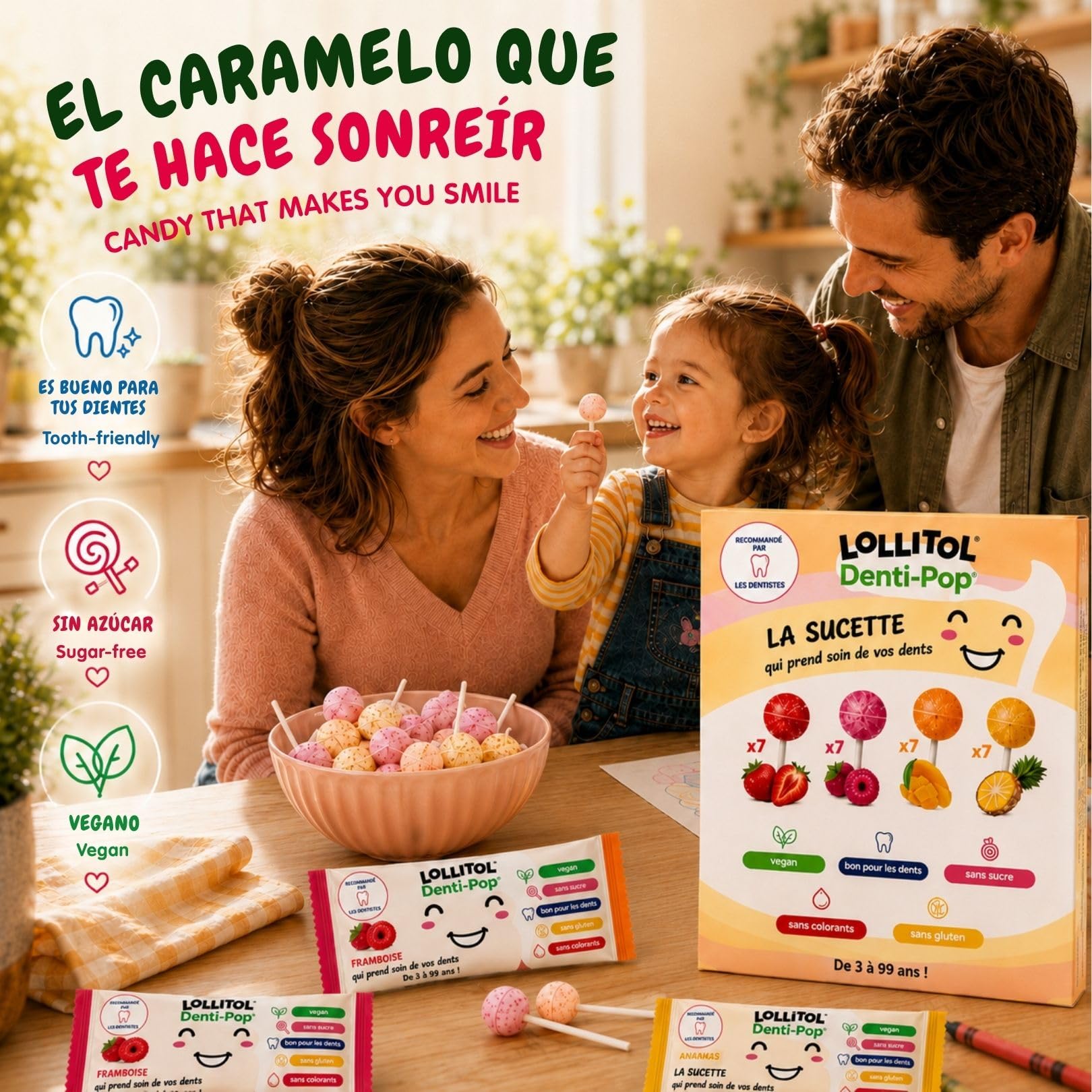 LOLLITOL Piruletas Sin Azúcar 28 Piezas – Caramelo Sin Azúcar, Lollipop Vegano Sabores de Fruta (Fresa, Frambuesa, Mango, Piña) – Sin Aspartamo, Estuche Degustación