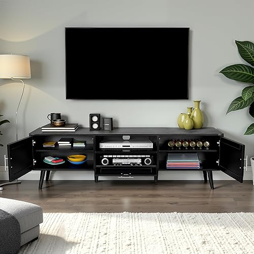 Miniatura 12 de Finnhomy Soporte de TV bohemio de 59 pulgadas para TV de hasta 70 pulgadas, consola de TV con 2 puertas decoradas de ratán hechas a mano, mesa de TV