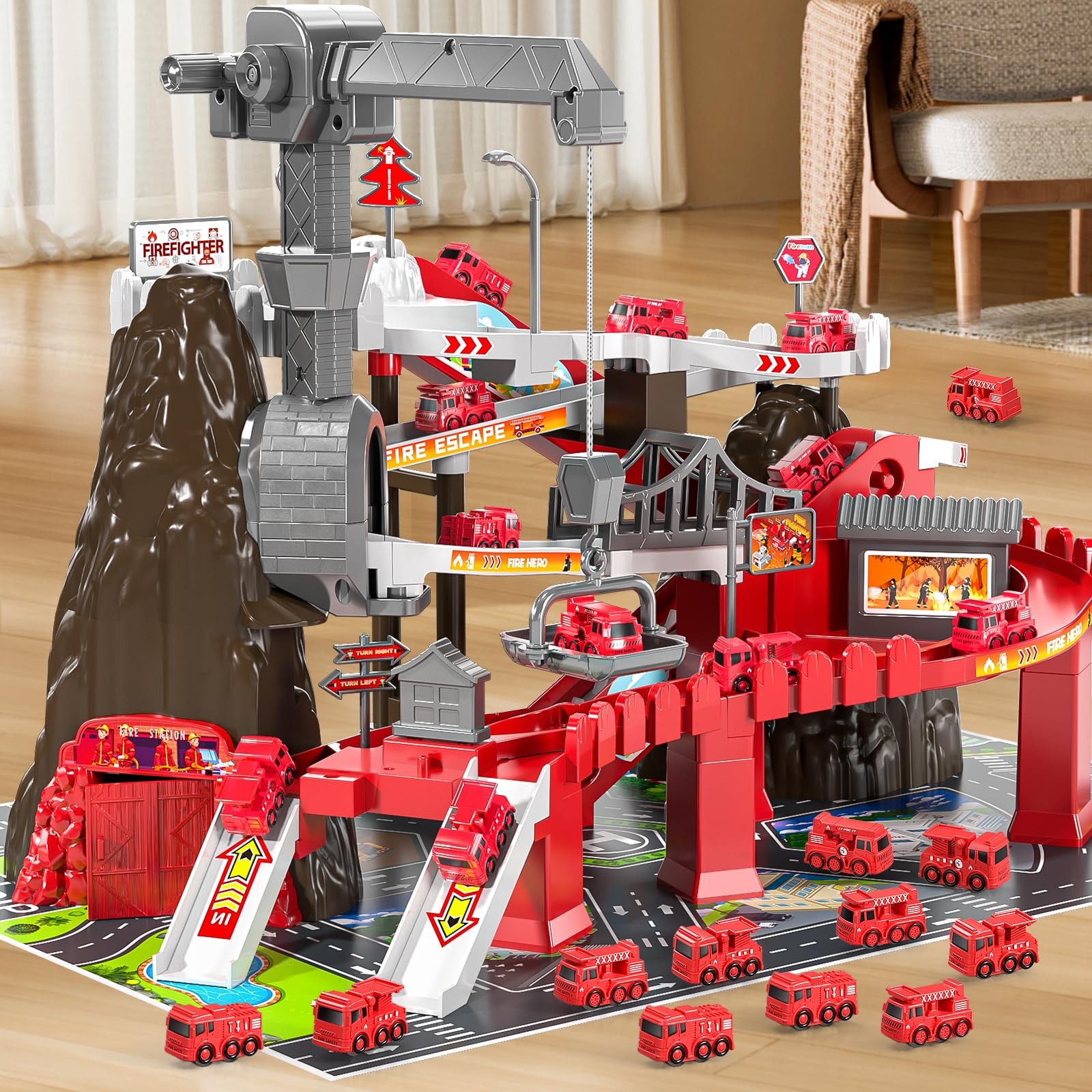 Boys Fire Car Race Tracks Playset for 3-8 Years Old - Rolling Hill Car Ramp Toy for 3-7 Year Old Kids, Toddler Racing Track for Age 4-6, Birthday Gifts Toys for 3-5