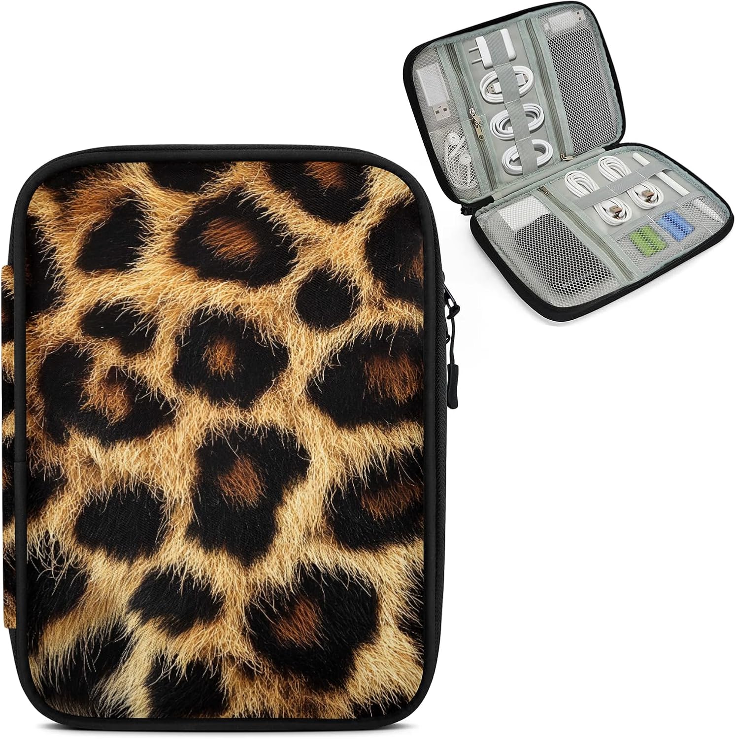 Leopard Print Travel Electronic Organizer Case, Animal Print Slim Cable Management Bag for Game Console & Accessories, Portable Double Zipper Pouch with Mesh Pockets & Elastic Straps