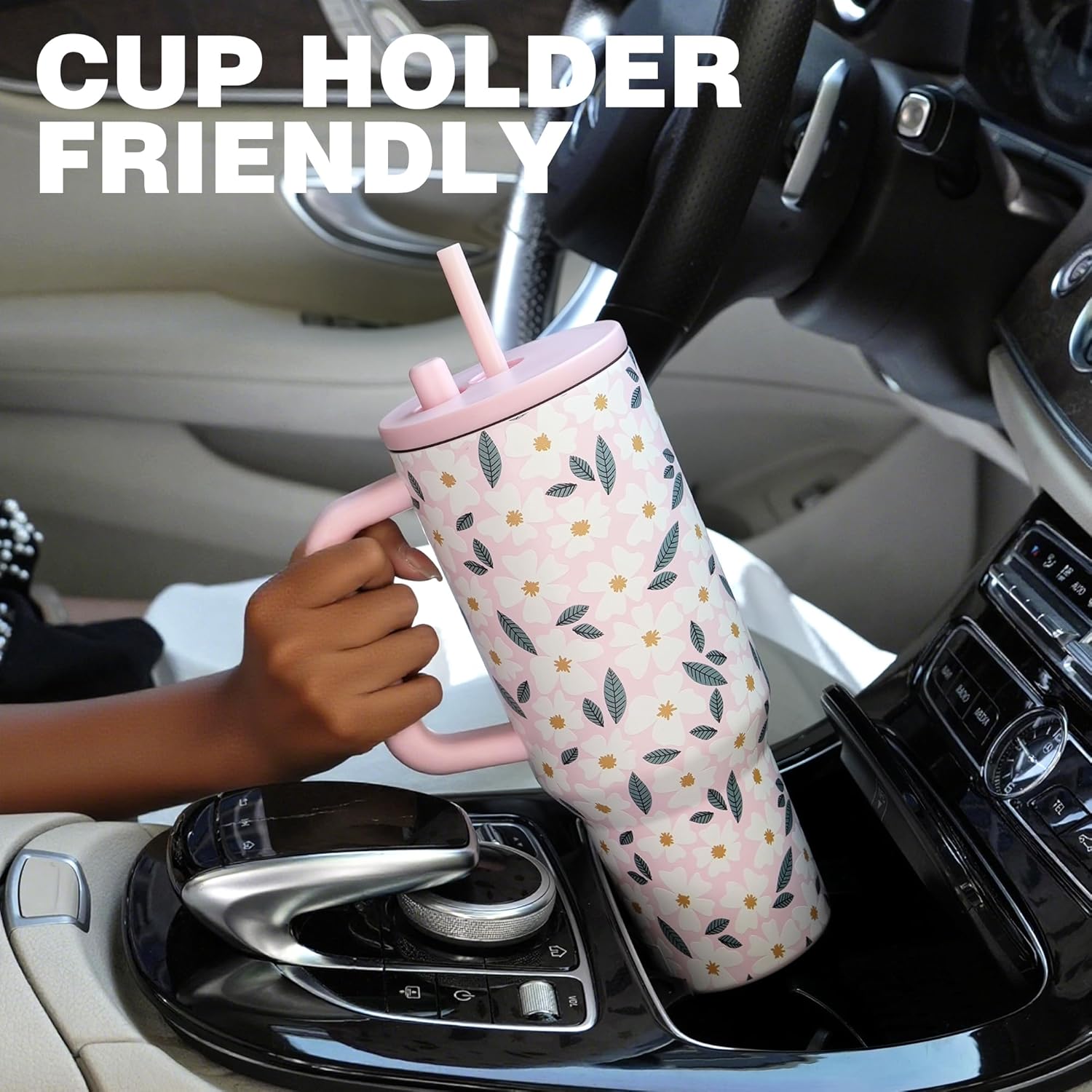 40 oz Stainless Steel Tumbler with Handle, Insulated Coffee Travel Mug, Resuable Spill Proof Water Bottle for Women, Flower - Image 6