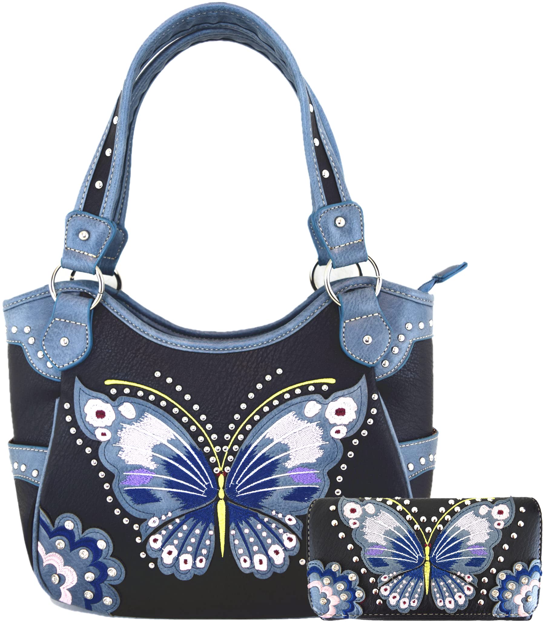 Western Style Springtime Embroidery Butterfly Floral Leather Totes Purse Country Handbag Women Shoulder Bag Wallet Set