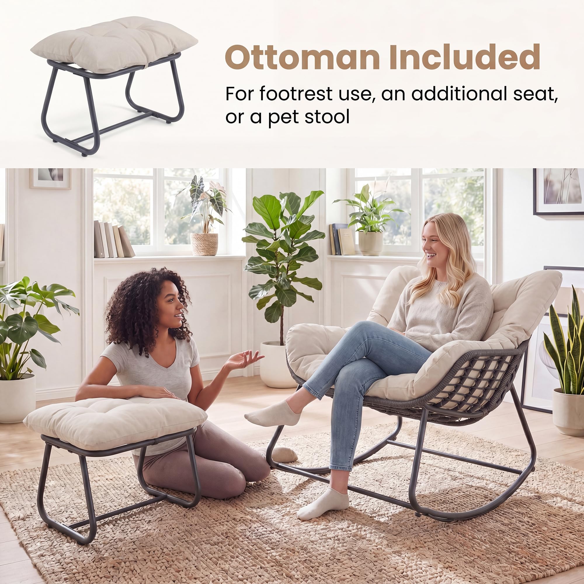 GIANTEX Sedia a Dondolo con Poggiapiedi, Poltrona a Dondolo Ergonomico, Cuscino Morbido e Rimovibile, Sedia a Forma di Uovo con Struttura in Metallo, per Esterno e Interno, Portata 150 kg (Beige)