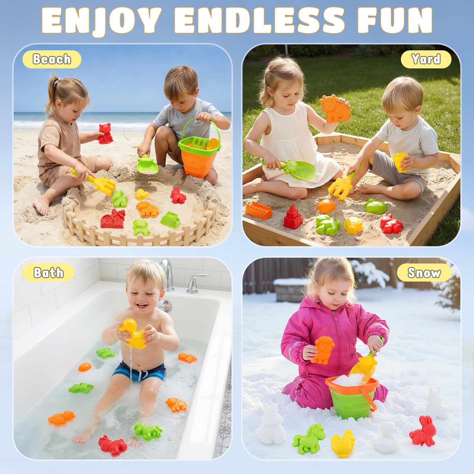 Jouets de Plage Enfants Thème Ferme 29PCS, Jouets de Sable avec 2 Seaux de Plage Pliables, Moules Animaux et Château, Seau Pelle Plage Enfant avec Outils et Sac, Jouet Bac à Sable Enfant 3 Ans+