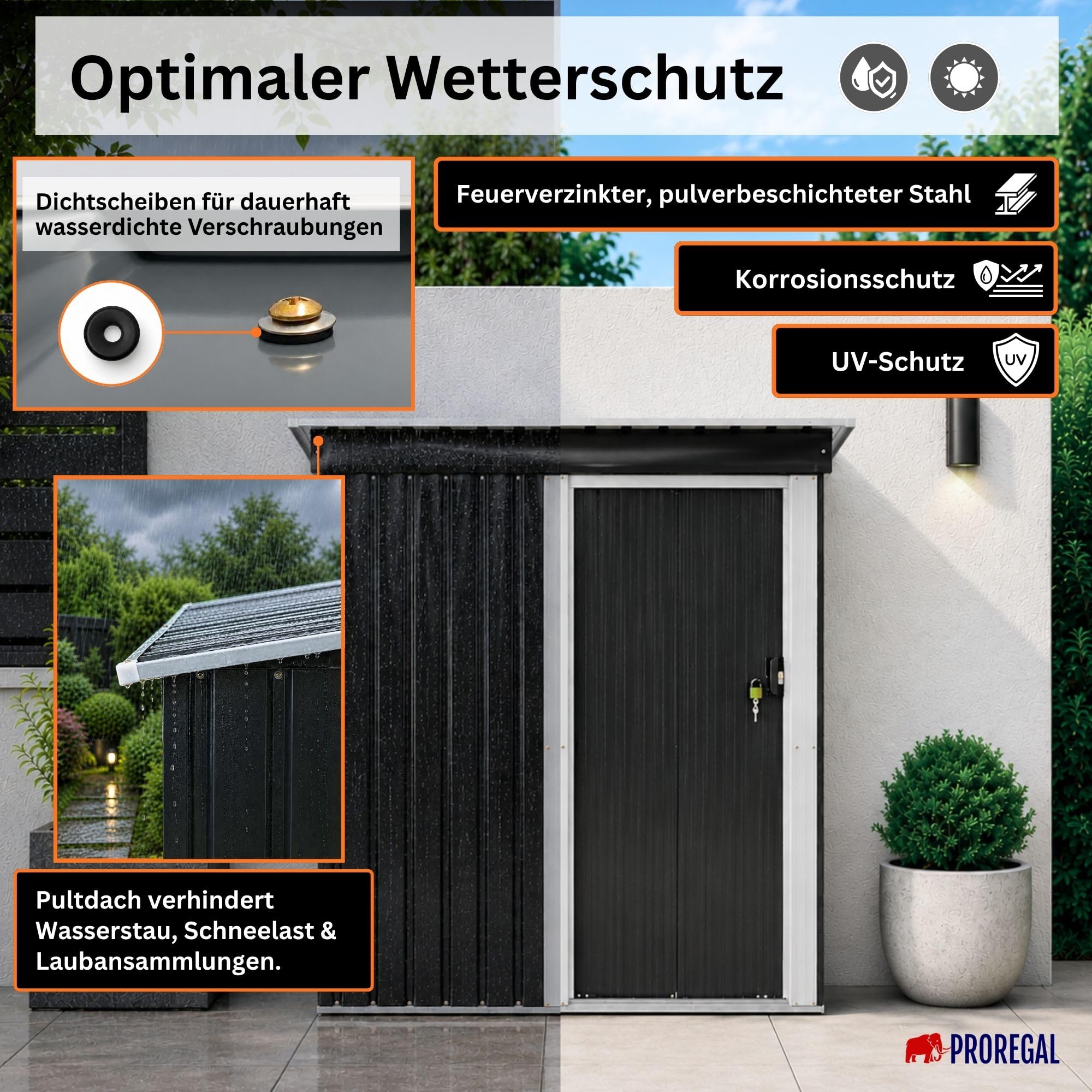 PROREGAL Gartenhaus Gerätehaus Eden Metall Klein für Garten mit Pultdach, 2 m³, abschließbarer Schiebetür 182x161x88cm Anthrazit Geräteschuppen wetterfest Gartenhütte Outdoor