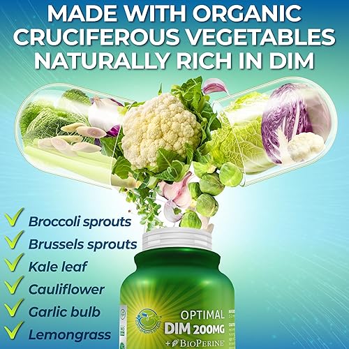 Miniatura 4 de Suplemento DIM óptimo de 200 mg - Complejo vegano de diindolilmetano - Estrógeno y equilibrio hormonal para mujeres y hombres - Fabricado con