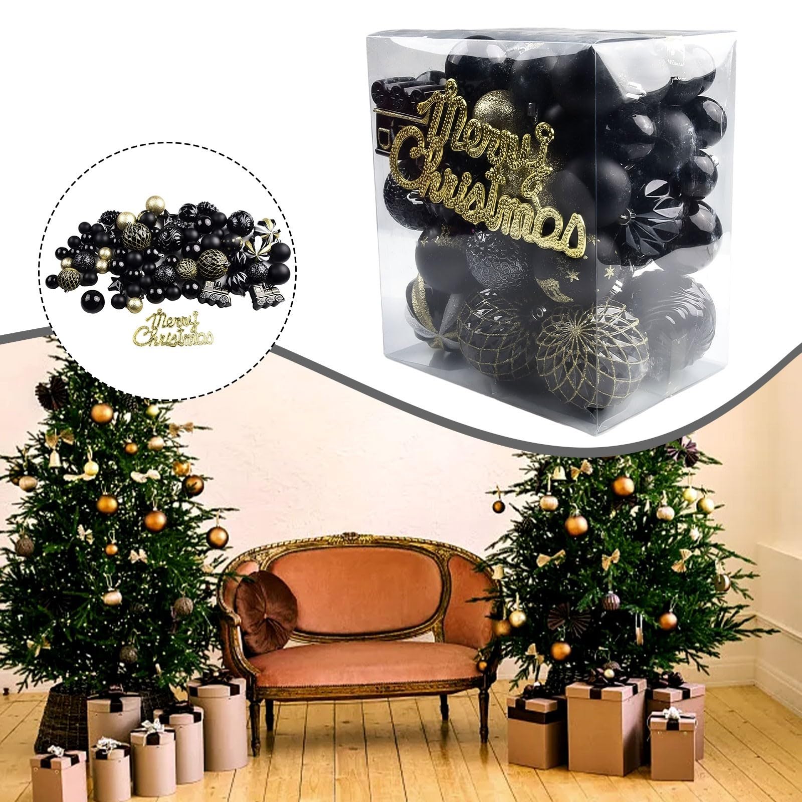 65-teiliges Weihnachtskugel-Ornament-Set, Weihnachtsbaumschmuck, hängende Kugeln, Weihnachtskugel, Dekoration, bruchsicher, Weihnachtsbaumschmuck für Weihnachtsbaum, Hochzeit, Party (Schwarz