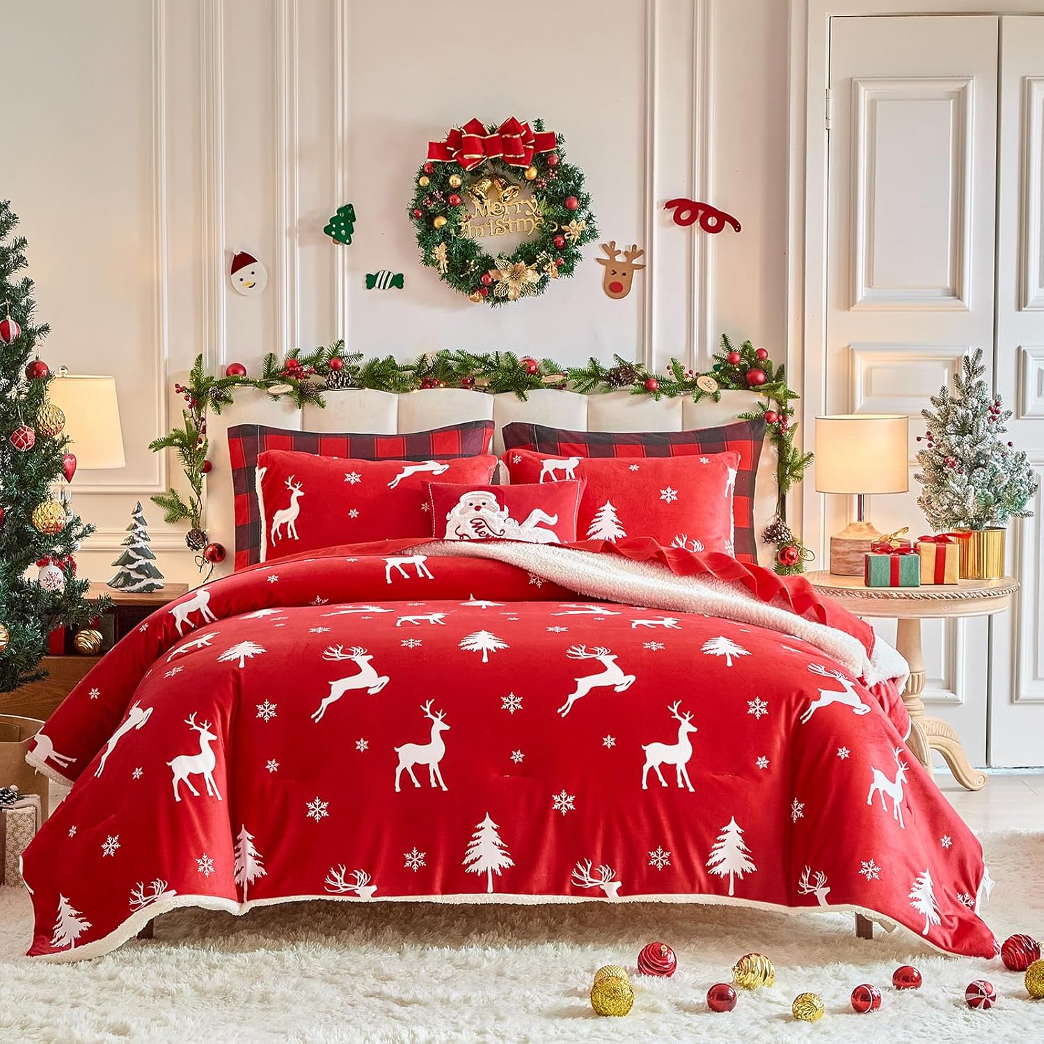 Christmas Flannel Fleece Sherpa Comforter Set 3 Pieces King
