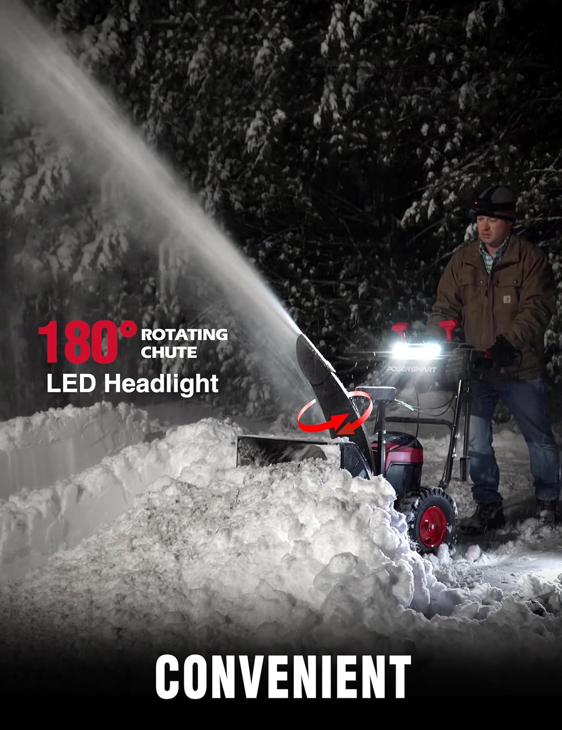 Person operating the PowerSmart snow blower at night, showing the LED headlight and 180-degree rotating chute.