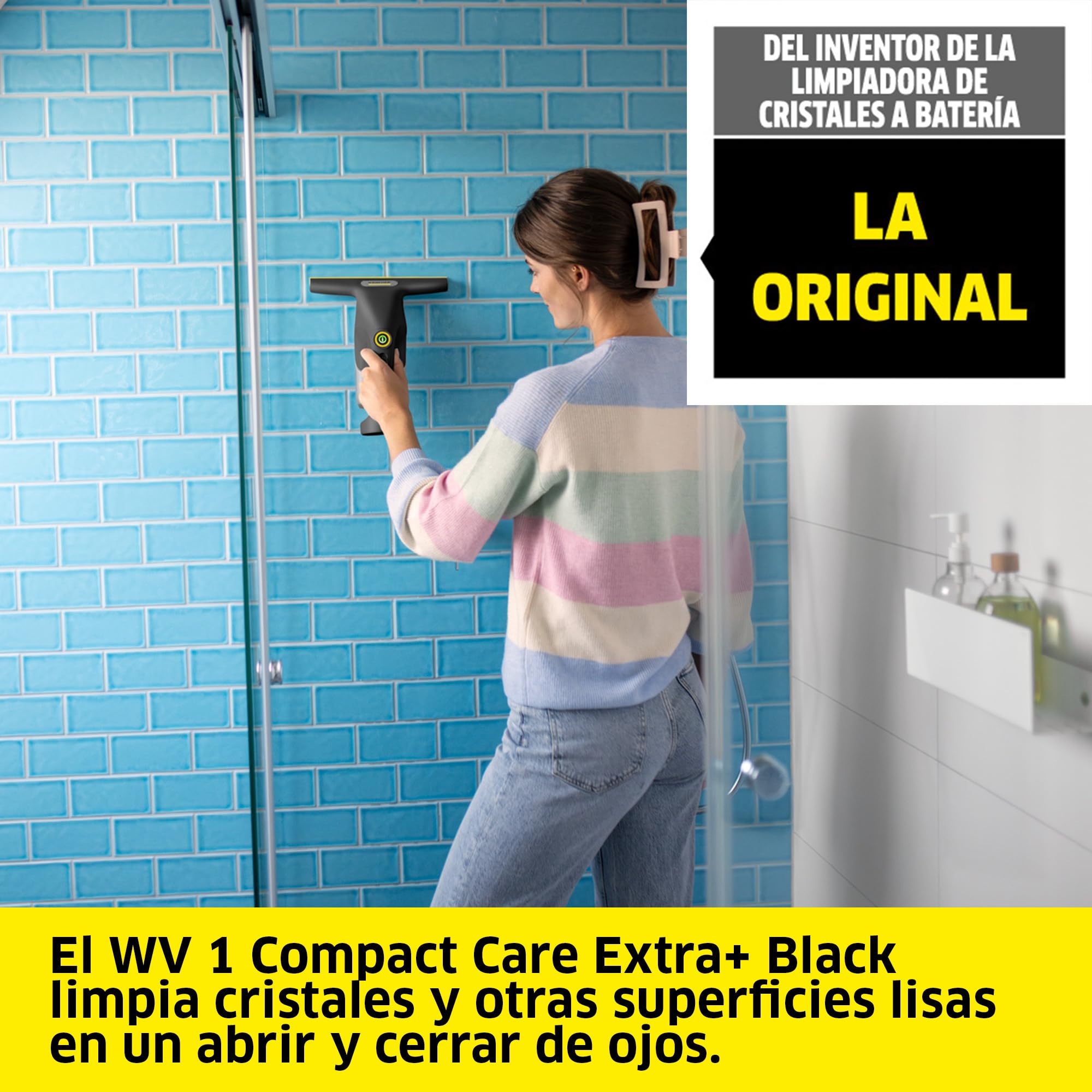 Kärcher limpiadora de cristales con batería WV 1 Compact Care Extra+ Black, autonomía: 25 min, depósito: 100 ml, peso: 0,5 kg, botella pulverizadora con paño de microfibra, 500 ml de limpiacristales