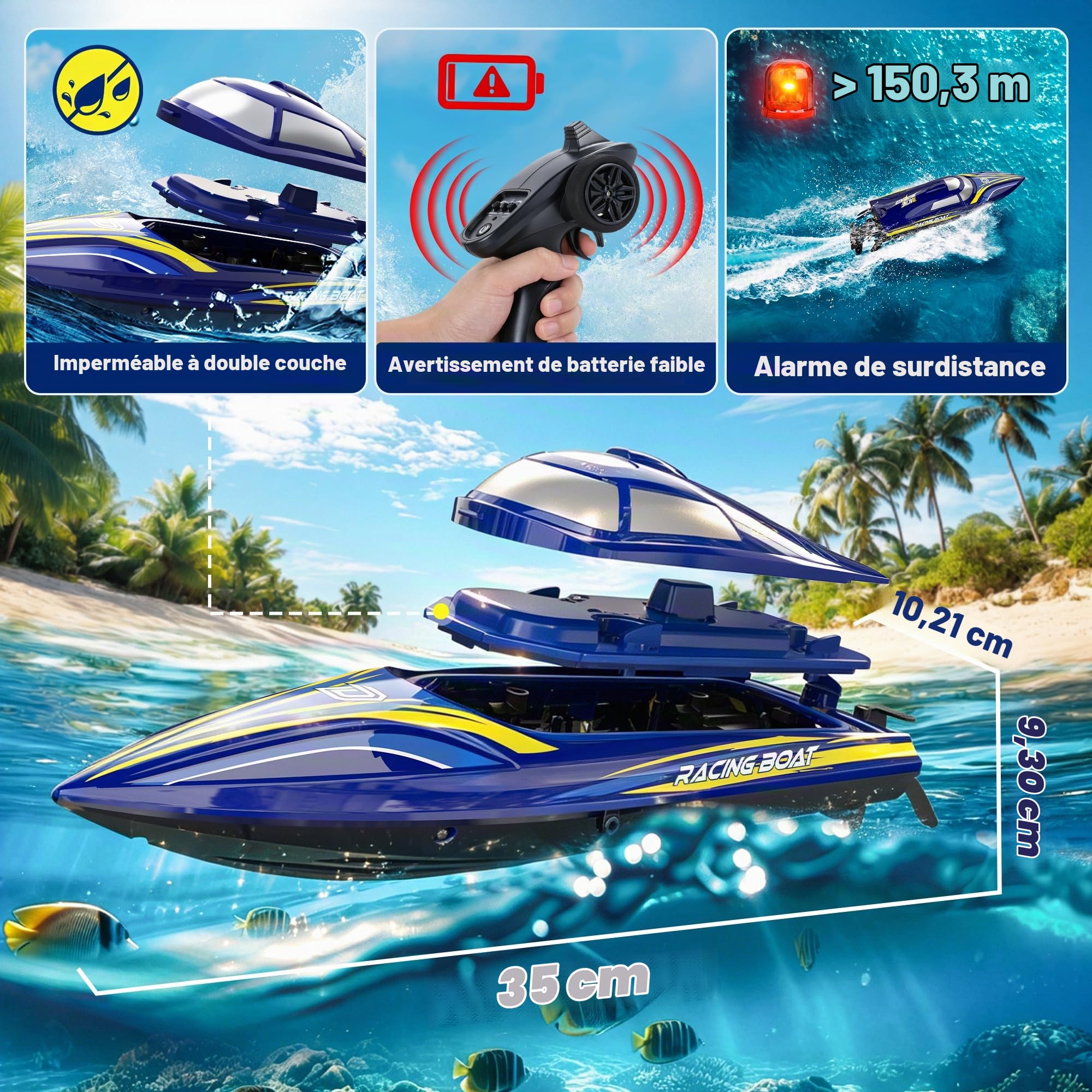 DEERC Bateau Télécommandé Rapide pour Enfants et Adultes, Vitesse supérieure à 20+ mph, avec 2 Batteries de 1200 mAh, Bateau étanche Auto-redressable pour Lacs et piscines.