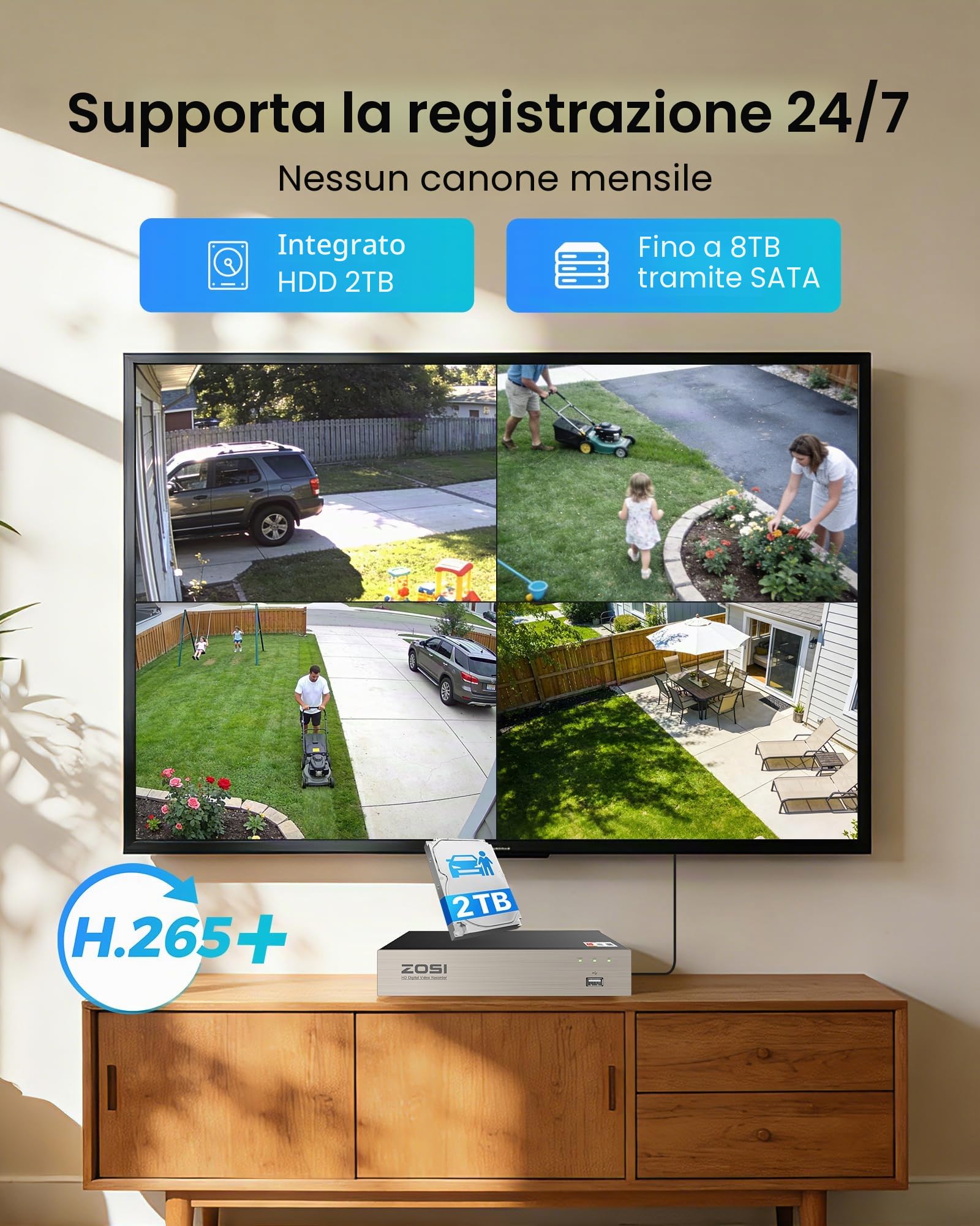 ZOSI 1080p Kit Videosorveglianza Cablato, 8CH H.265+ 2TB DVR con 8x Telecamera per Esterno ed Interno, Rilevamento di Movimento, IR Visione Notturna 80ft, Registrazione 24/7