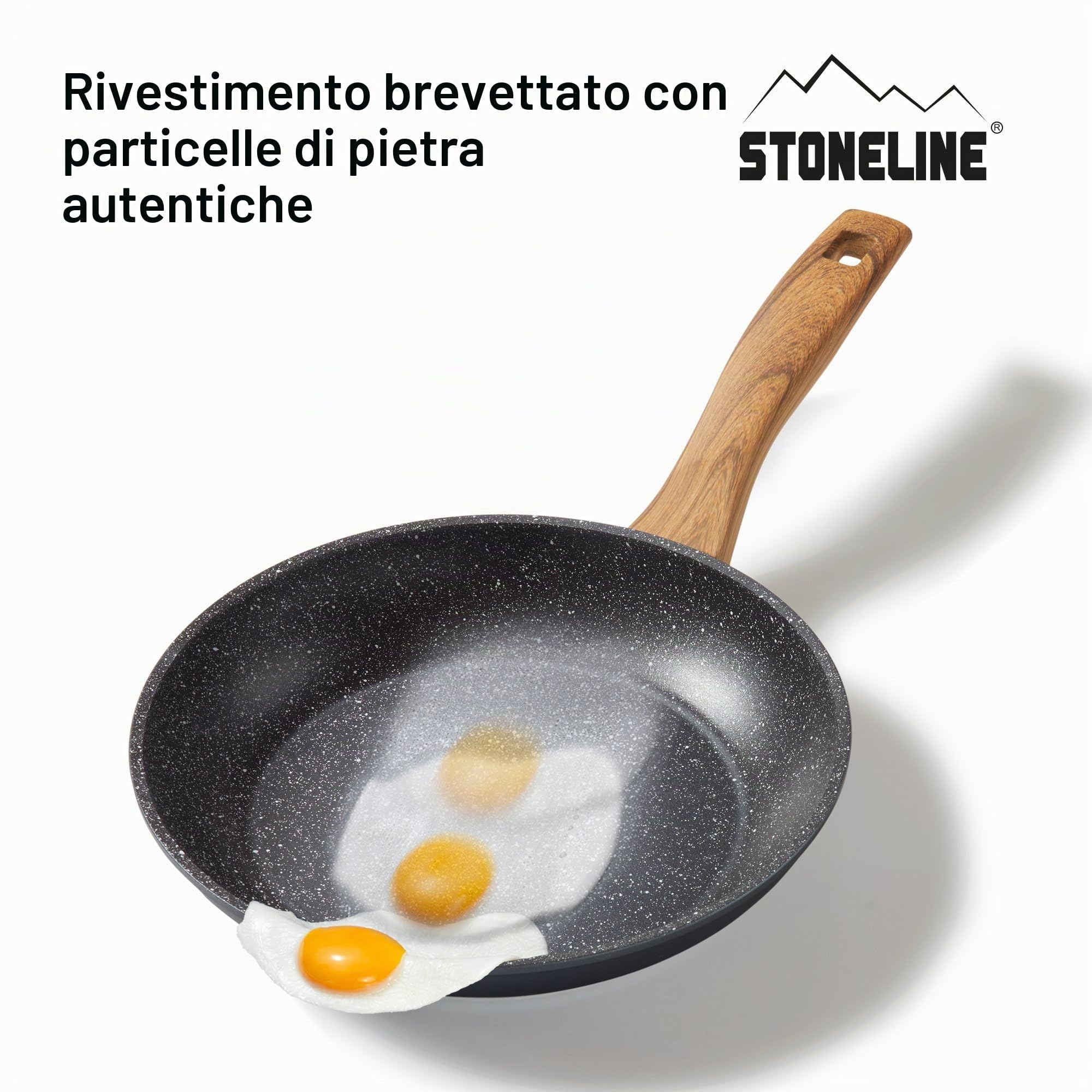 STONELINE Padella Back to Nature 24 cm, Made in Germany, padella con rivestimento antiaderente e particelle di vera pietra, per tutti i tipi di cottura, compresa l'induzione, per friggere senza grassi