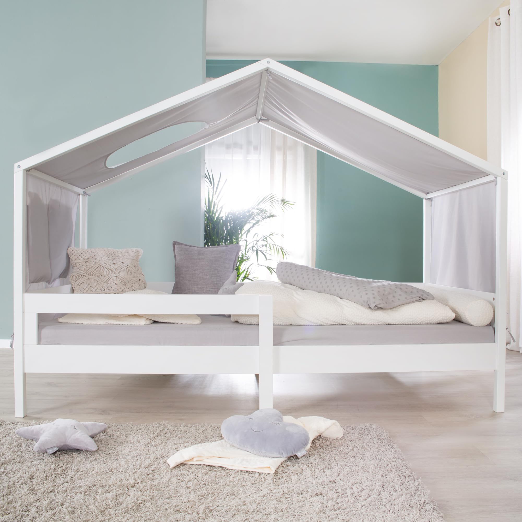 roba Łóżko domowe 90 x 200 cm – łóżko dziecięce zgodnie z zasadą Montessori – łącznie ze stelażem oraz wbudowaną ochroną przed wypadnięciem – drewno lakierowane na biało