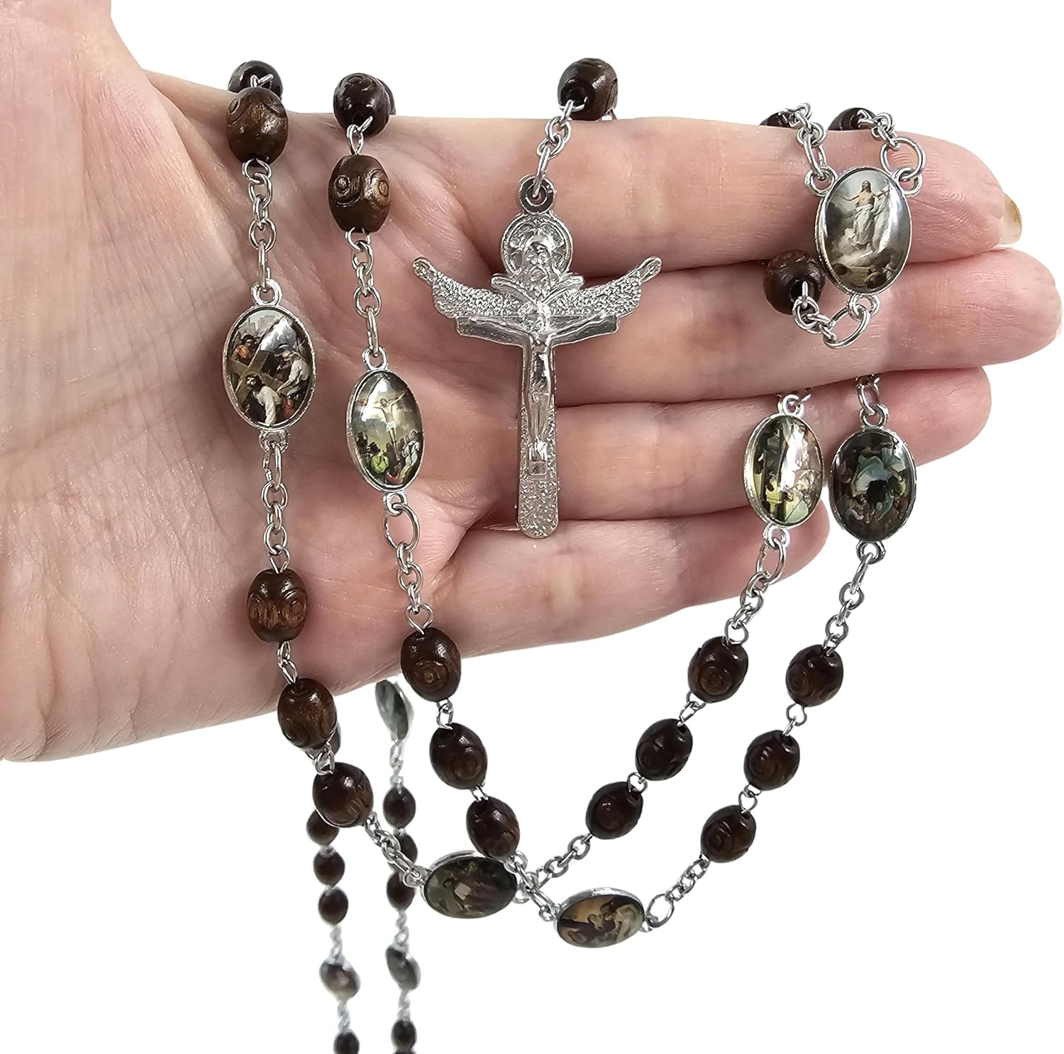 TALISMAN4U Stations of the Cross Rosary Chaplet Carved Wooden Beads Catholic Necklace for Men Women Holy Trinity Crucifix Cross Religious Gift Jewelry with Rosary Box & Prayer Booklet - Image 4