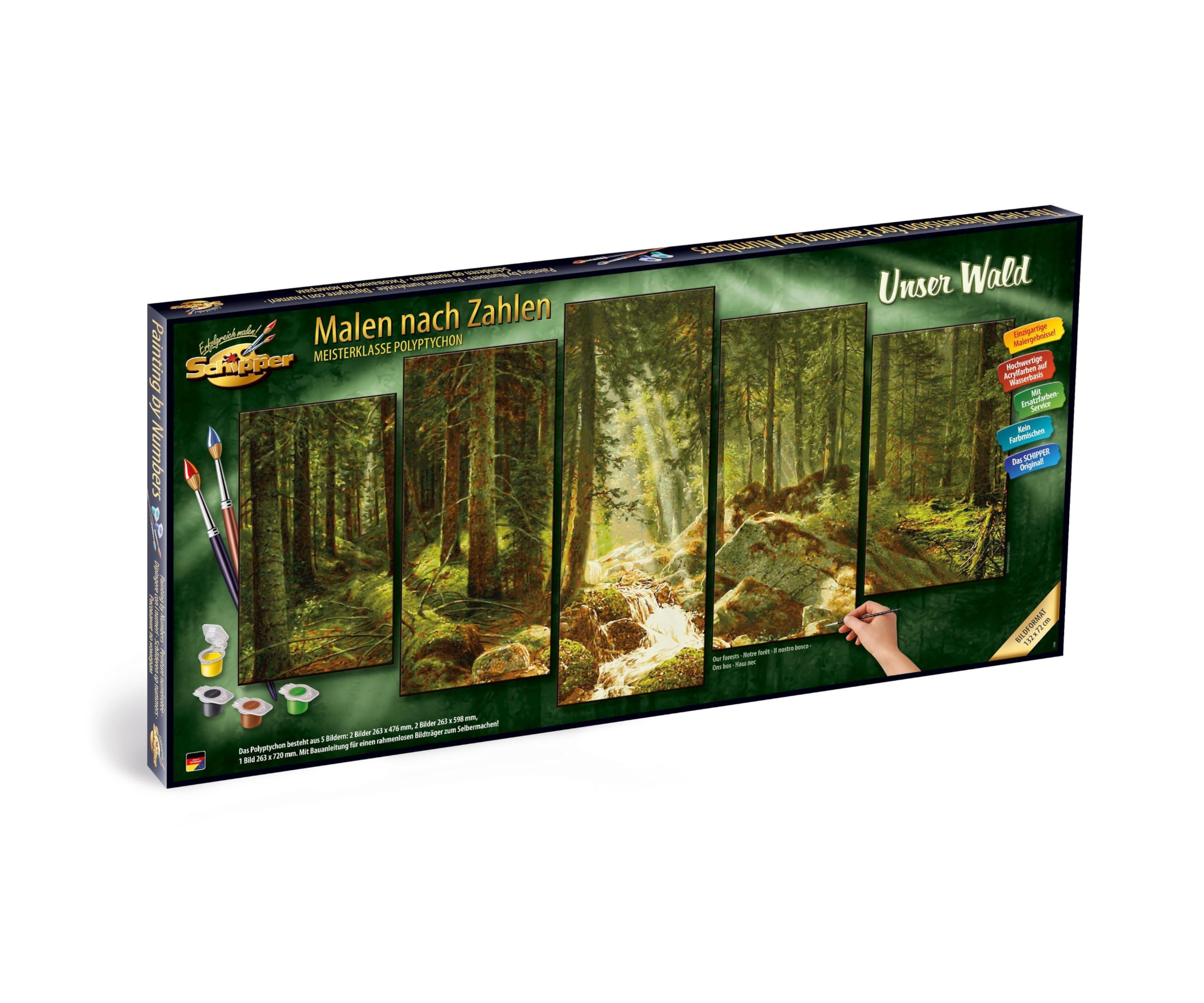 Schipper 609450832 Dipingere con i Numeri – La Nostra Foresta – Dipingere Immagini per Adulti, compresi pennelli e Colori acrilici, 5 Immagini, Master Class Polittico Professionale, Edition, 132 x 72