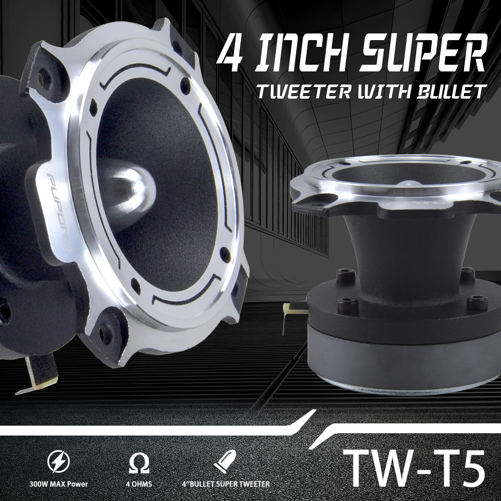 PUPOND 4 inch Tweeters, 300W Max Power, 50W RMS Car Speaker, 4 Ohm, 98dB Car Audio tweeters, Bullet Tweeters,Pair