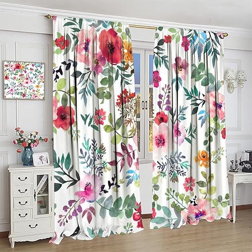 Miniatura 432 de Retro 70s Floral Blackout Window Curtains, Watercolor Flower Plant Rustic Modern Style Pattern Window Drapes, for Bedroom Living Room 42x45in 2