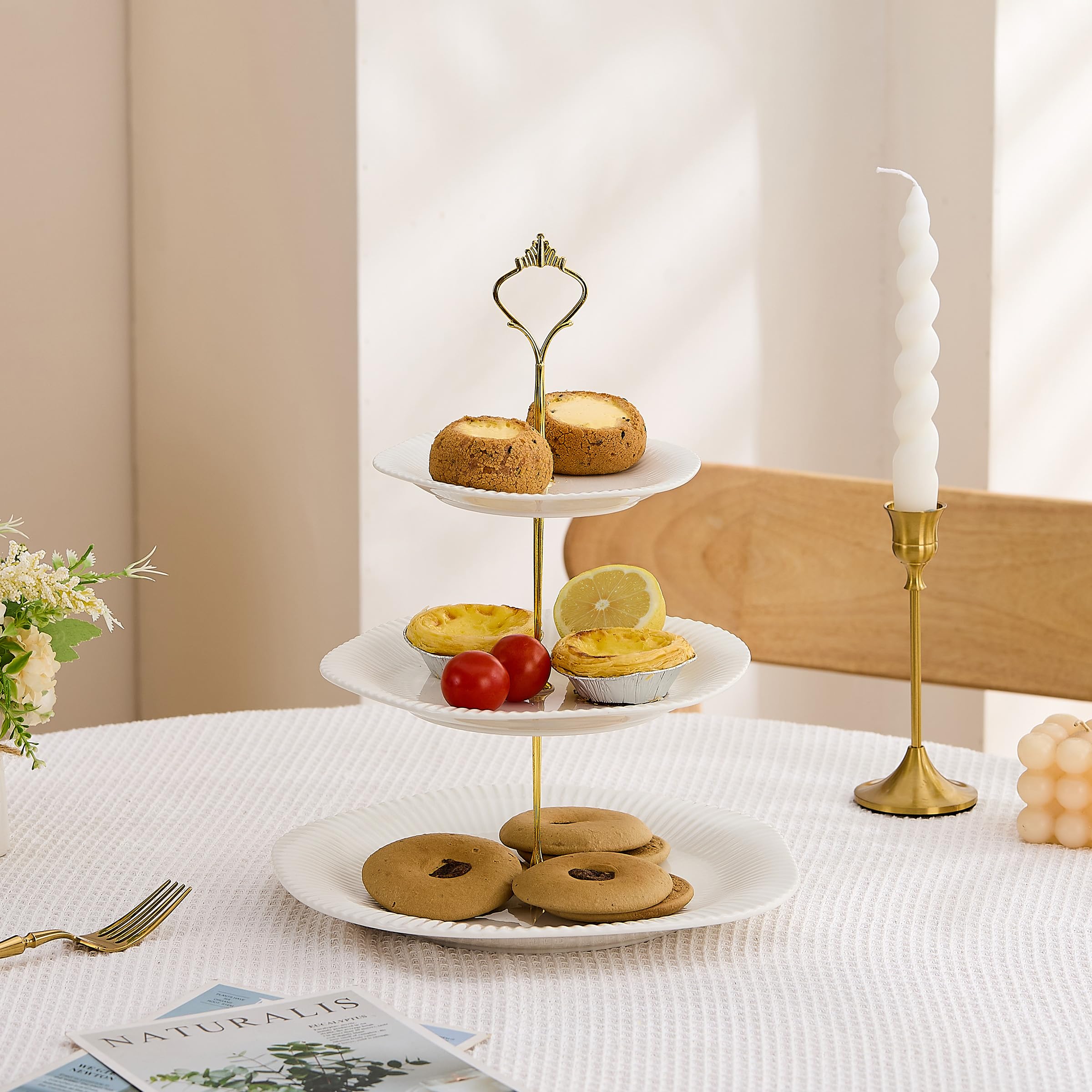Présentoir à Cupcakes En Céramique 3 Niveaux Blanc - Plateau Service Dessert Gâteau Mariage Et Goûter