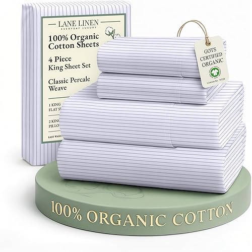 LANE LINEN 100% Organic Cotton Printed King Size Sheets Set, Soft & Comfy Fully Elasticized Percale Low Pilling Machine Washable All Season Printed Oeko-Tex Cotton King Sheets- Ticking Stripe