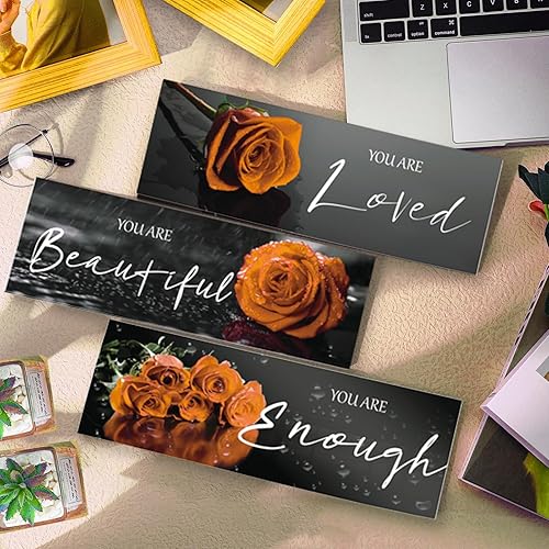 Miniatura 3 de 3 piezas de decoración de pared azul inspiradora con rosas azules, decoración de baño, arte de pared de madera, citas positivas You Are Loved You