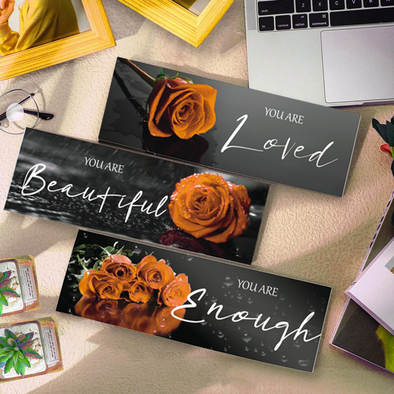 3 piezas de decoración de pared naranja inspiradoras rosas naranjas decoración de baño, arte de pared de madera, citas positivas You Are Loved You Are Enough para niñas y mujeres oficina 3