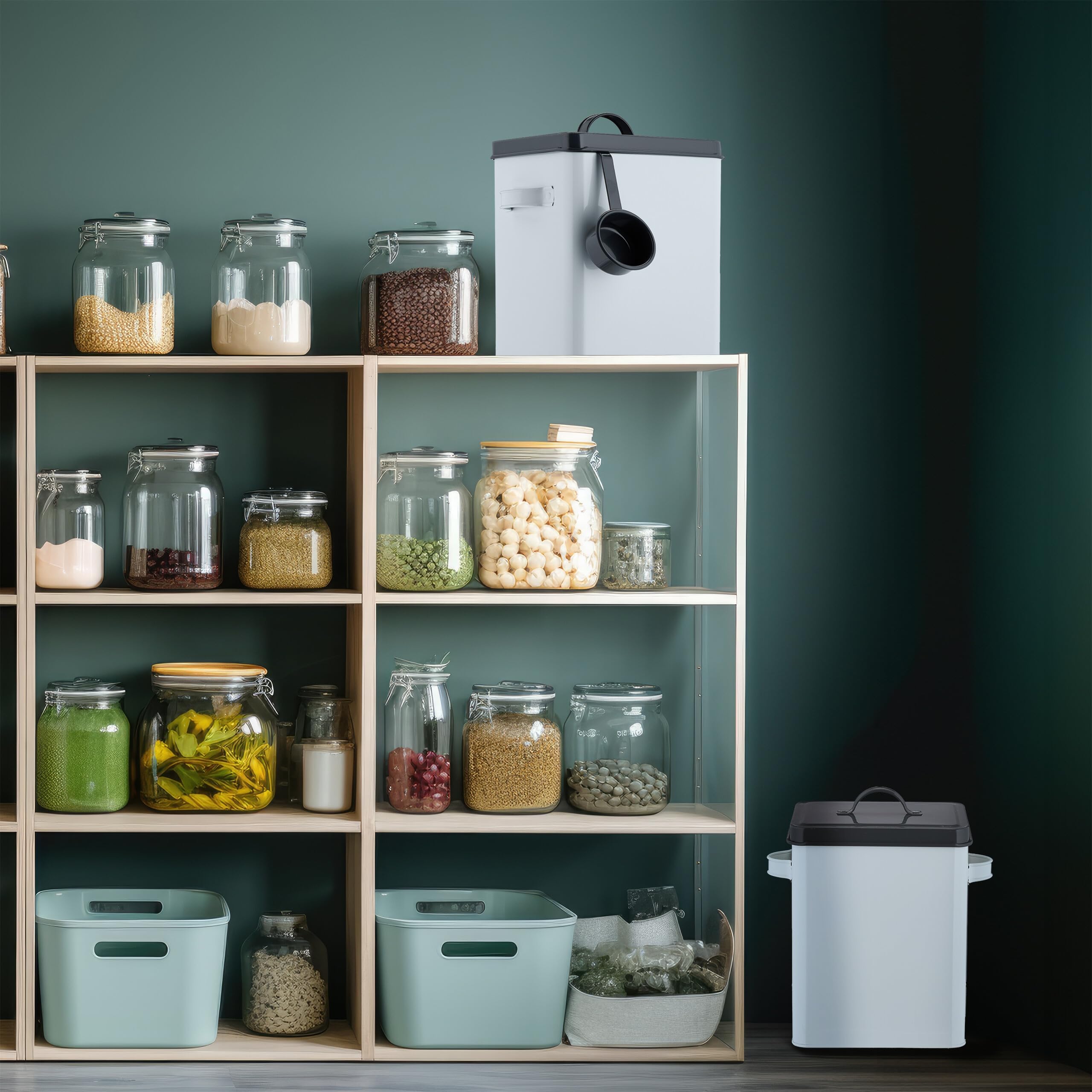 Relaxdays Boîte de Conservation, Lot de 2, 5,5 L, Couvercle & cuillère, Fer, pour croquettes, Blanc - Anthracite