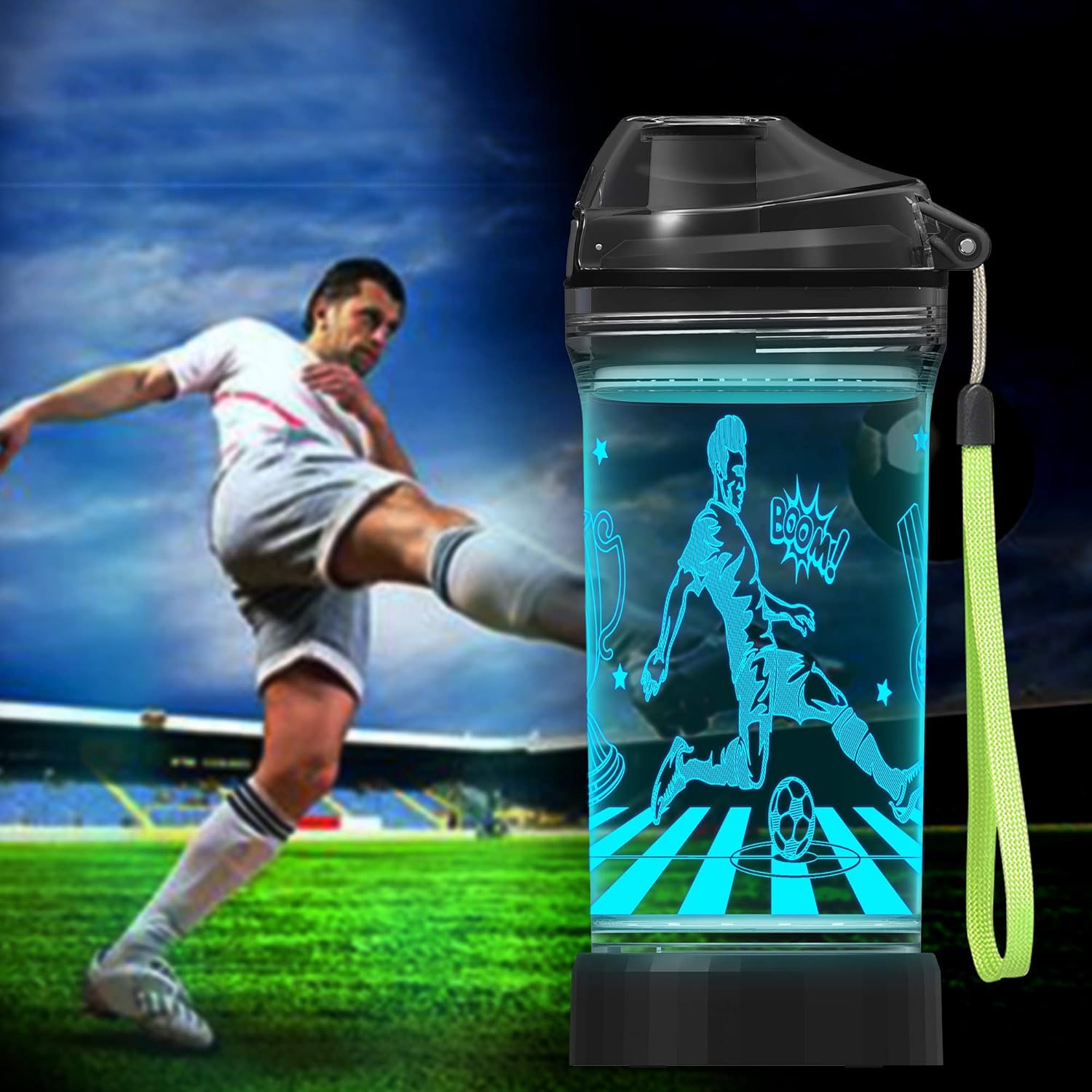 Lightzz Soccer Water Bottle with 3D Glowing Light Up, 14 OZ Tritan BPA Free Kids Water Bottle, Creative Ideal Travel Soccer Cup Gift for Boys 8-12 Child Holiday Camping Picnic - Image 2